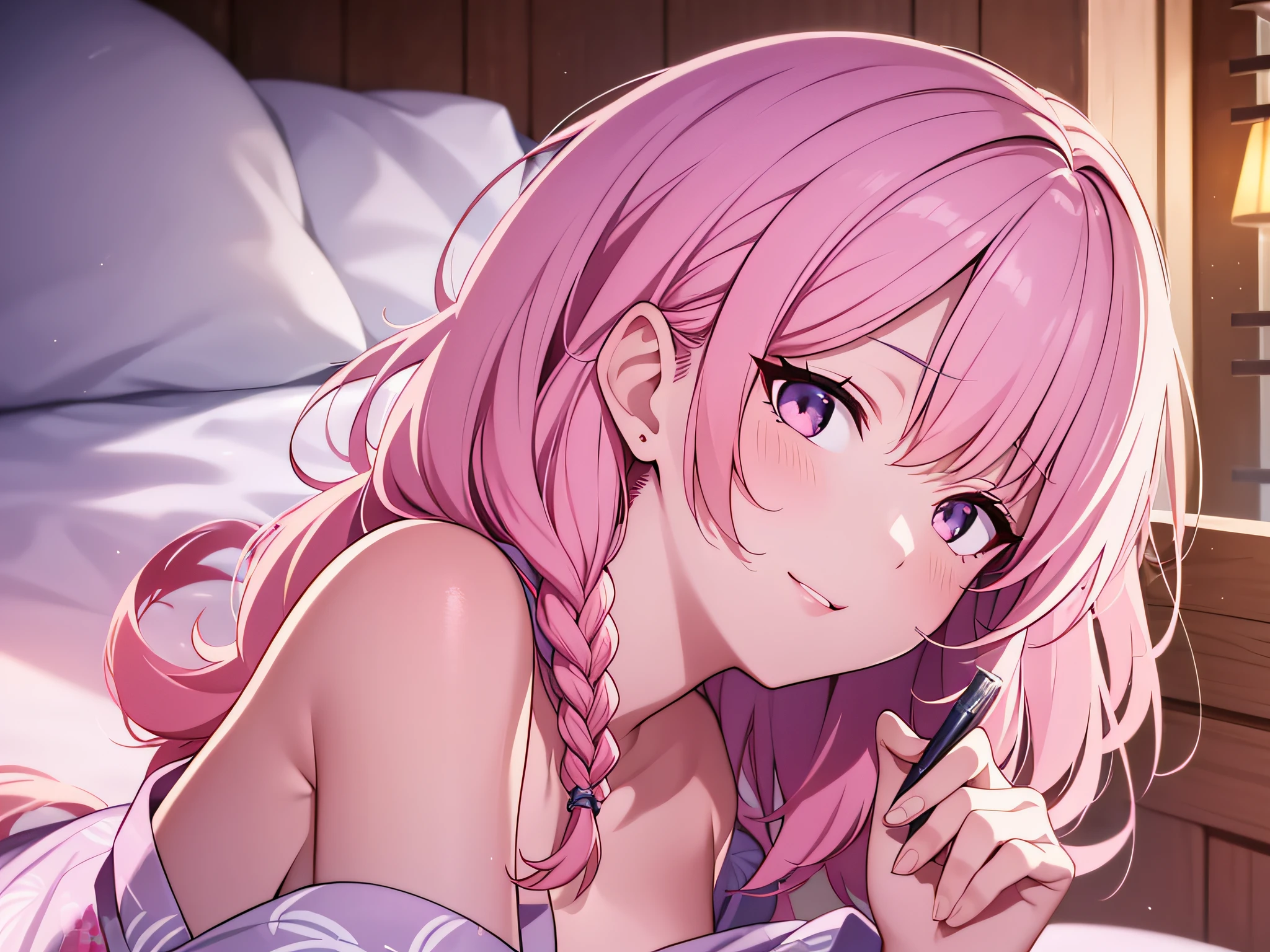 in 8K、top-quality、​masterpiece、ultra-detailliert、Ultra-high resolution、Anime style、on the beds、laying on back、Pink cheeks、pink lipsticks、A dark-haired、Braided hair、Light-colored yukata、bare shoulders​