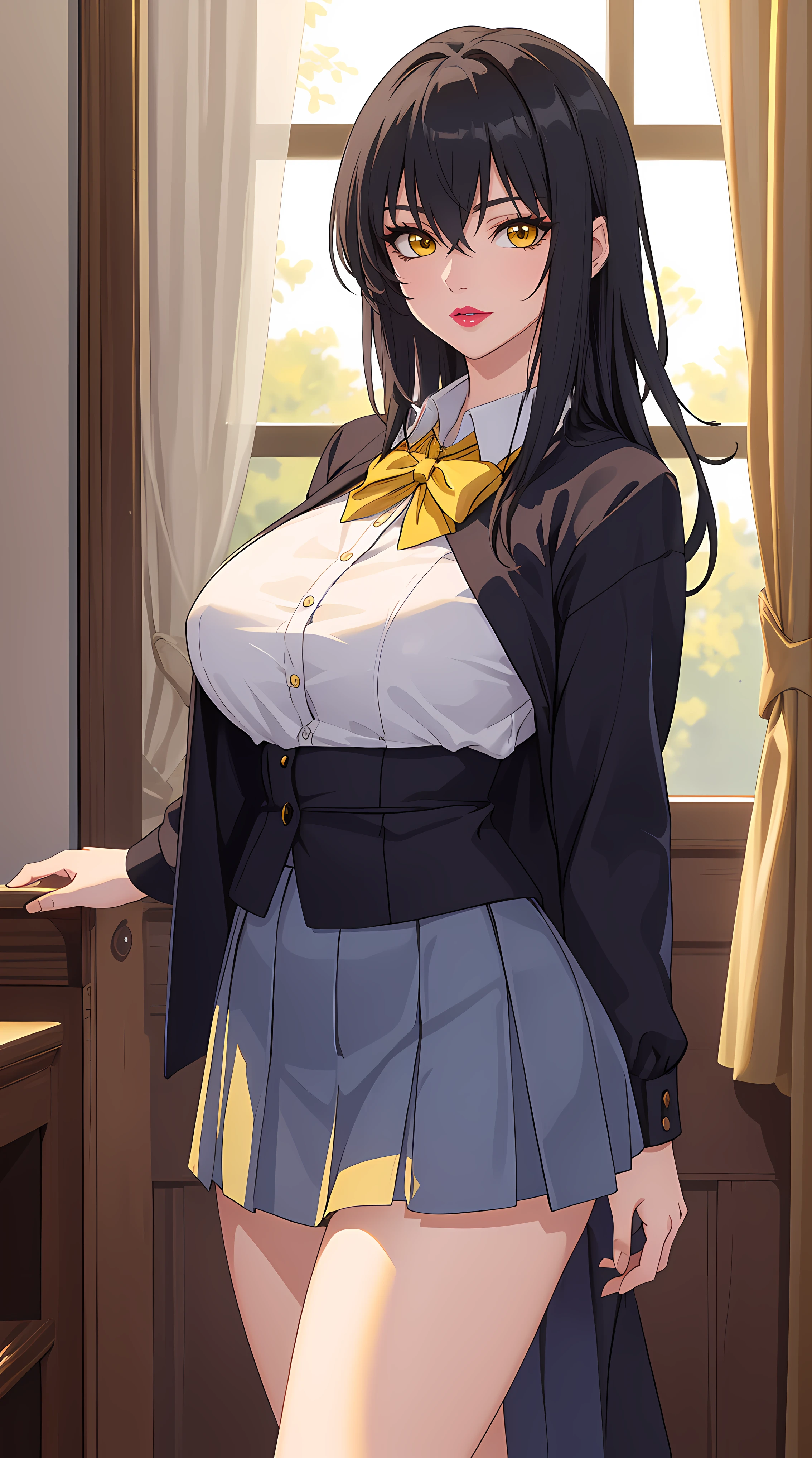 (masterpiece:1.4),(best quality:1.4),  soft lighting, cinematic bloom, beautiful face, beautiful eyes, cowboy shot,
1girl, solo, female mature, black hair, long hair, (yellow eyes:1.4), large breasts, school outfitl, school, hair intakes, exquisite eyes detail, exquisite character design unity details 8k hdr, professional art, landscape, (solo:1.5, 1girl:1.4, cowboy shot:1.5), sexy body, milf, 35 years old girl, big thighs, sexy waist, cheerful,