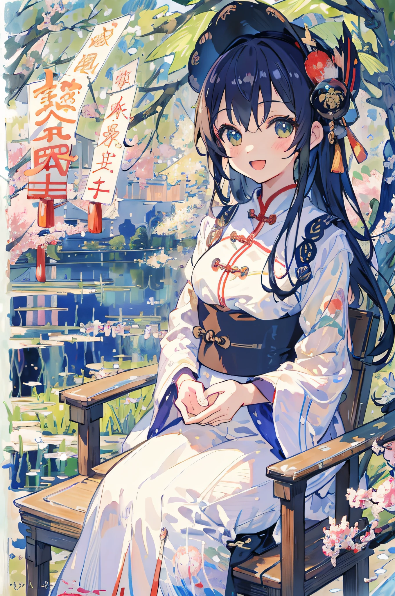Anime girl sitting on a bench in a park with cherry blossoms - SeaArt AI
