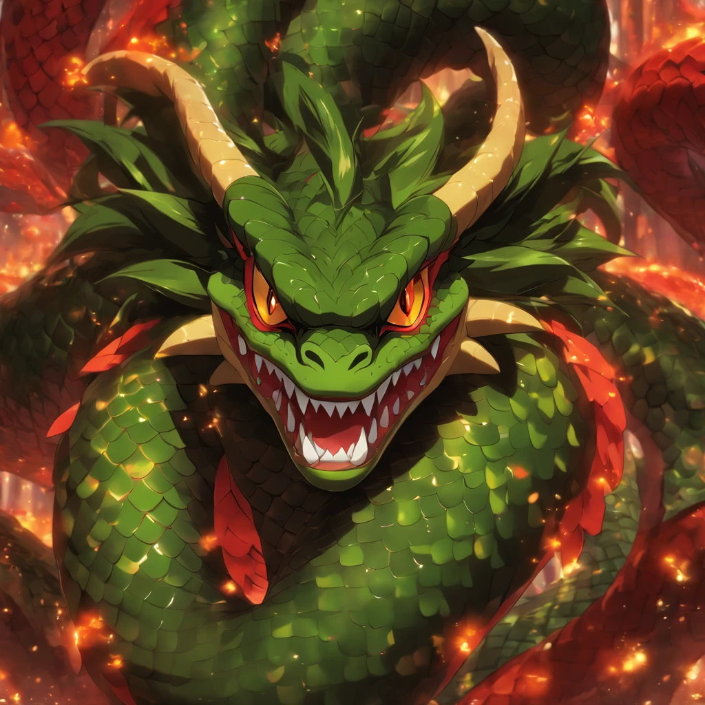 Lamia Bowser, red and orange scales, black and red latex outfit, red snake-like eyes, dull-green shell with black spikes, masterpiece, best quality