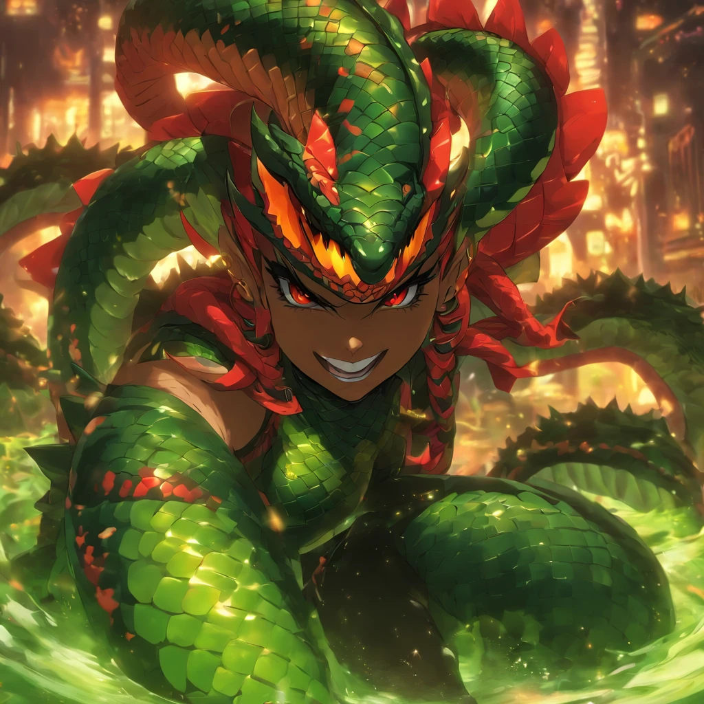 Lamia Bowser, red and orange scales, black and red latex outfit, red snake-like eyes, dull-green shell with black spikes, masterpiece, best quality