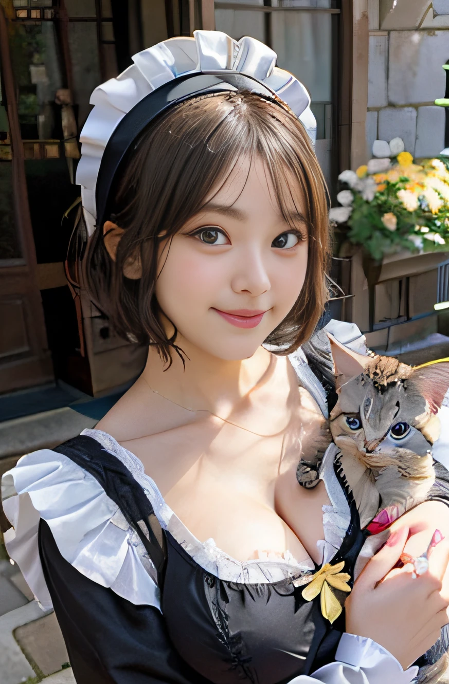1girl,18 years old,(cleavage between breasts:1.2), beautiful eyes,smile, japanese idol, extremely pretty, cute, perfect face, fascinating smile, captivating smile, happy smile, large round eyes, Gentle facial expression, (holding a cute kitten:1.3), looking at the viewer, 1girl, masterpiece,realistic, white panties,round big eyes, shiny skin,small nostrils,light makeup, (french traditional black maid costume:1.2),maid headdress,short hair,socks, shallow depth of field,