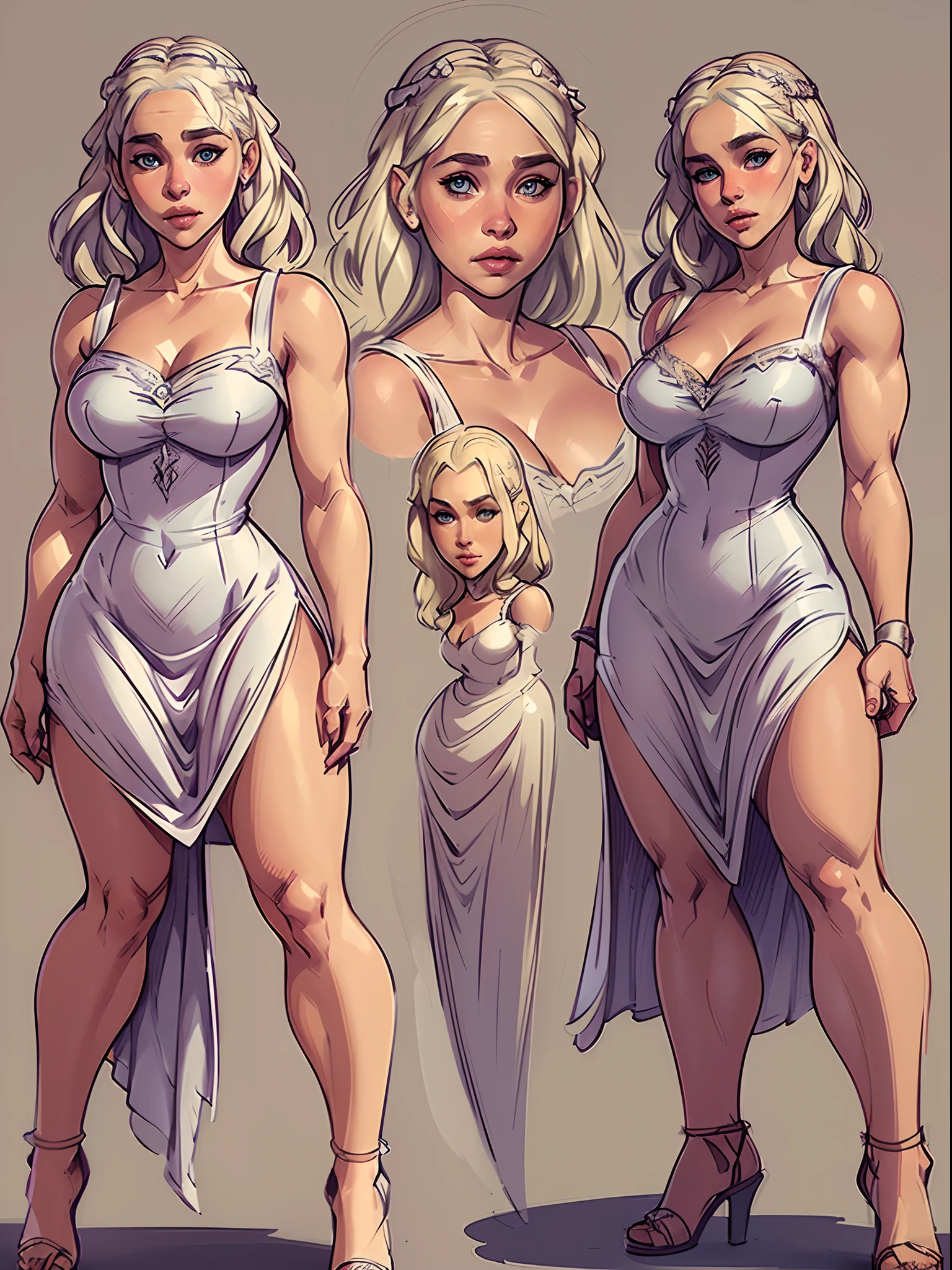((masterpiece)),(((best quality))),((Emilia Clarke as Daenerys Targaryen)), ((character design sheet)), oc render, Multiple poses and expressions, same person, ((full body view)) illustration,1girl, thick thighs, ((sundress:1.2)), modern style, silver blonde hair, ((detailed face:1.4)) beautiful woman, rough sketches, clean backdrop,