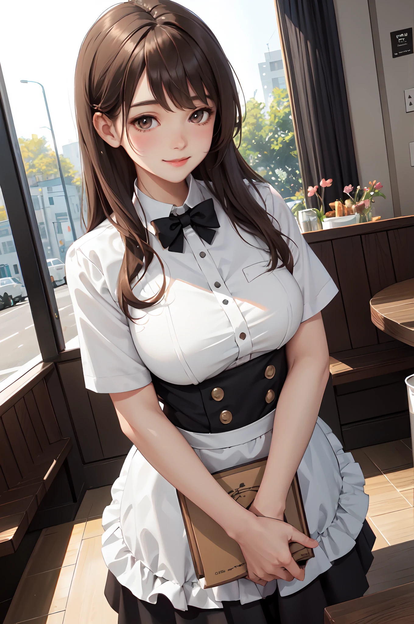 1lady solo standing, /(waitress uniform/), /(brown hair/) bangs, blush kind smile, (masterpiece best quality:1.2) delicate illustration ultra-detailed, large breasts BREAK /(casual restaurant/), detailed background