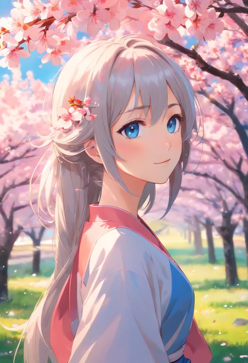 woman，peach blossom，sliver long hair，blue color eyes，With a slight smile，The complexion is reddish，Behind it is mainly peach trees