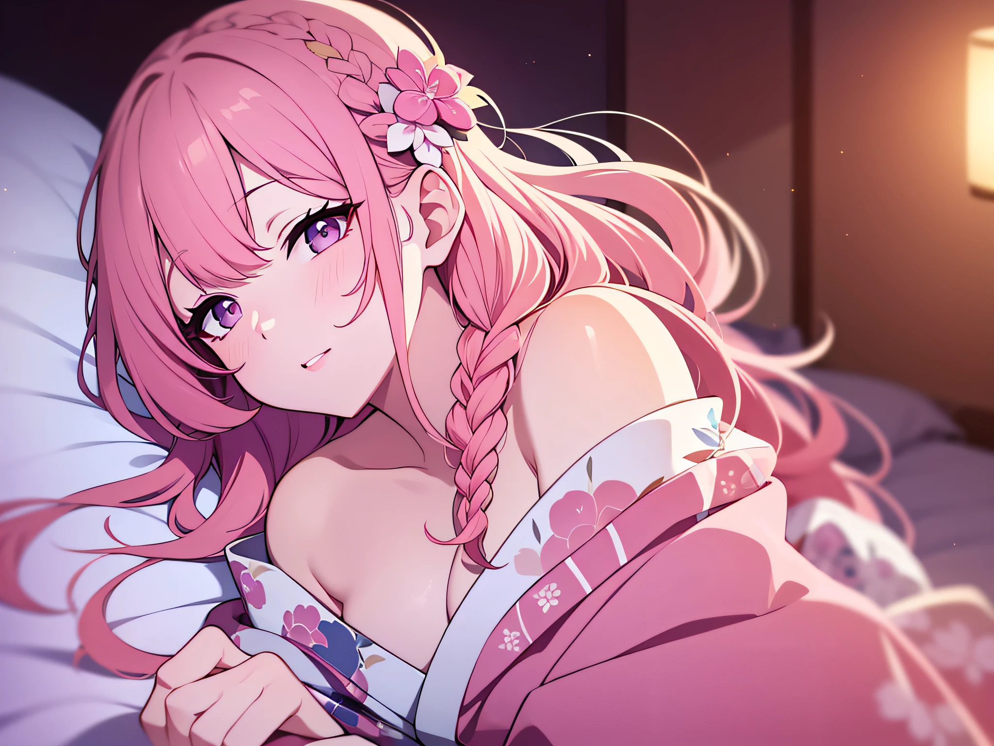 in 8K、top-quality、masterpiece、ultra-detailliert、Ultra-high resolution、Anime style、on the beds、laying on back、Pink cheeks、pink lipsticks、A dark-haired、Braided hair、Light-colored yukata、bare shoulders