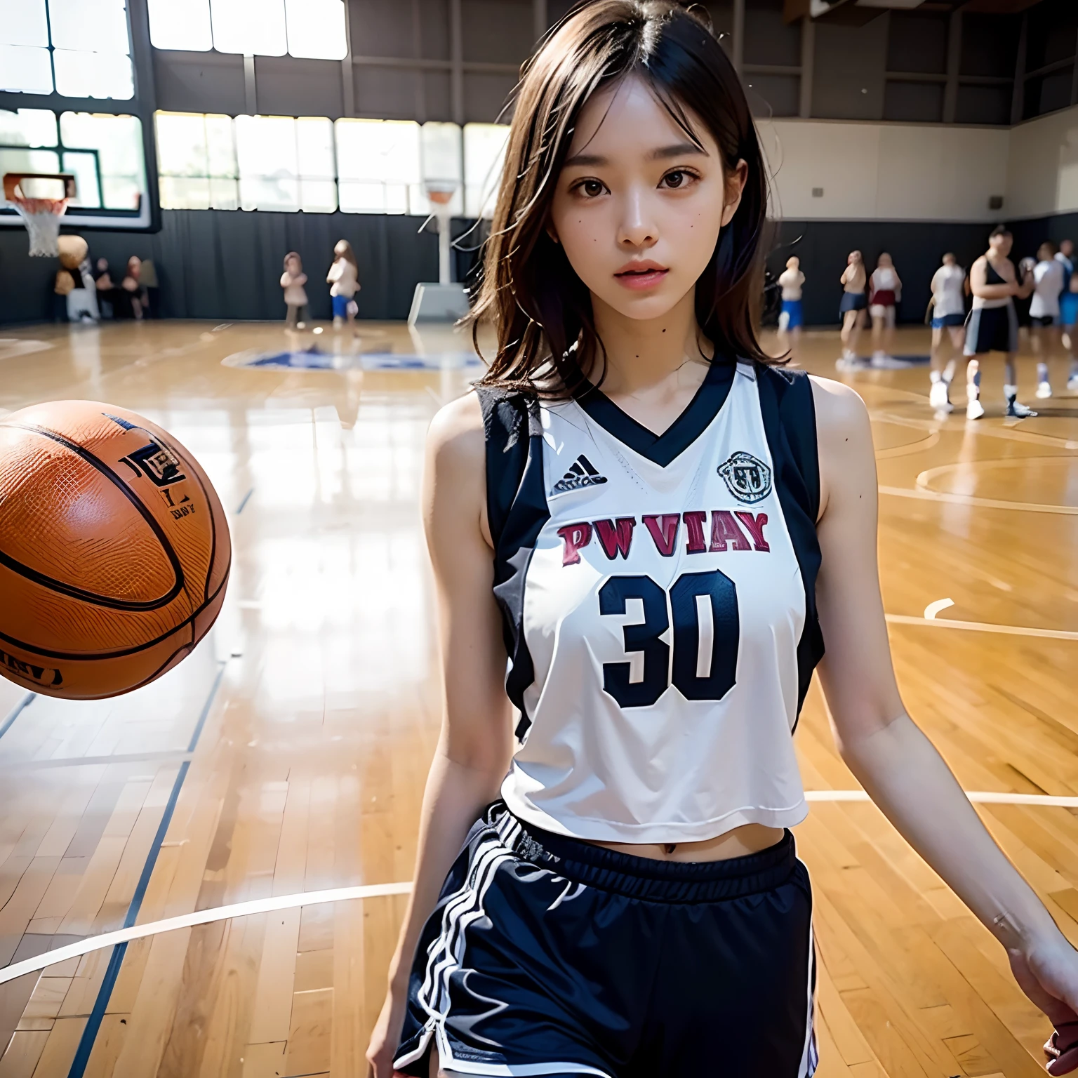 Best quality, (RAW photo: 1.2), (Masterpiece: 1.4), (Realistic: 1.4), (High resolution: 1.4), 1 girl, depth of field, basketball vest, basketball shorts, basketball court, sexy, intricate details, 8k, very detailed, perfect lighting, epic background, hand details