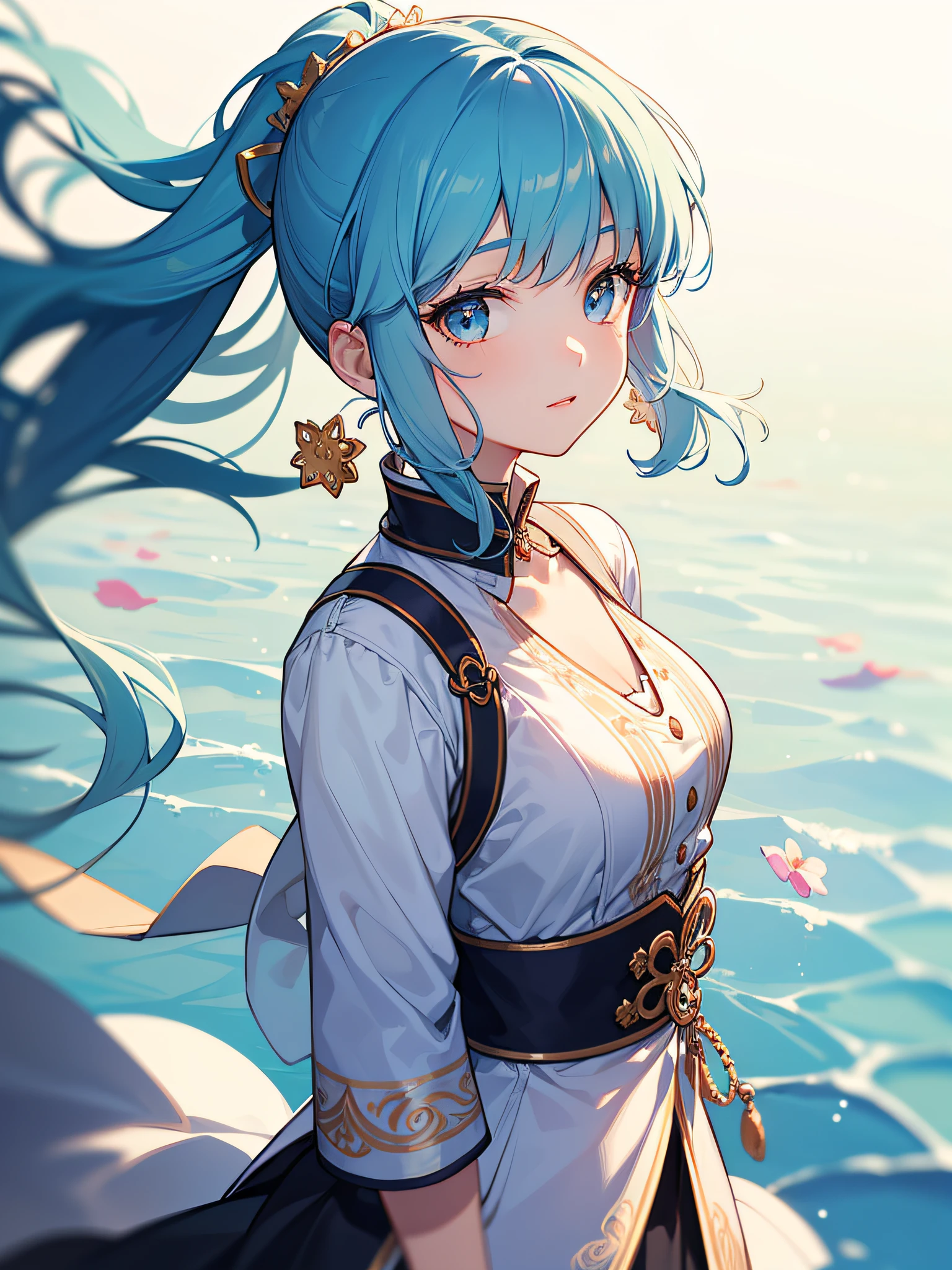 (masterpiece), (best quality), (ultra detailed),(disheveled hair),(illustration), (1girl), (Fashionable clothing), standing, Fashion model, looking at viewer, (interview), (simple background),beautiful detailed eyes, delicate beautiful face, Floating,(high saturation),(colorful splashes),colorful bubble,(shining), focus on face, ponytail, kamisato ayaka, light blue hair, bangs, hair ring, floating flowers, floating hairs, (shining), best lighting, best shadow,