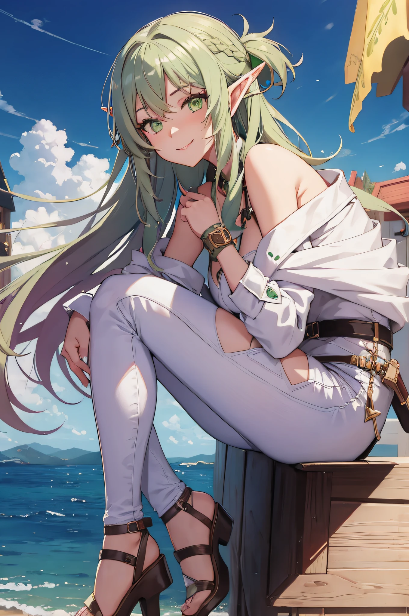 (masterpiece, best quality, detailed) ,1girl, highelfarcher, high elf archer, elf, (green eyes:1.5), (green hair:1.2), hair between eyes, long hair, pointy ears, sidelocks, jeans walking down the street,cute anime girl, pretty anime girl, smooth anime cg art, beautiful anime girl, attractive anime girl, ecchi anime style, seductive anime girl.teasing smile, clean detailed anime art,high resolution, (perfect hands, perfect anatomy),
