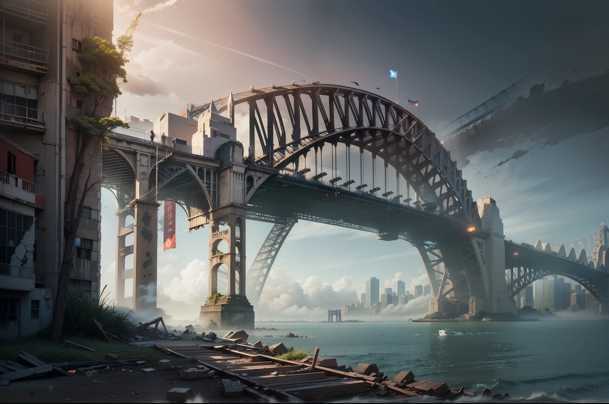 Sydney Harbour Bridge, post-apoclypse, ruins of harbour bridge of Sydney, realistic, fog, horrifying moments.