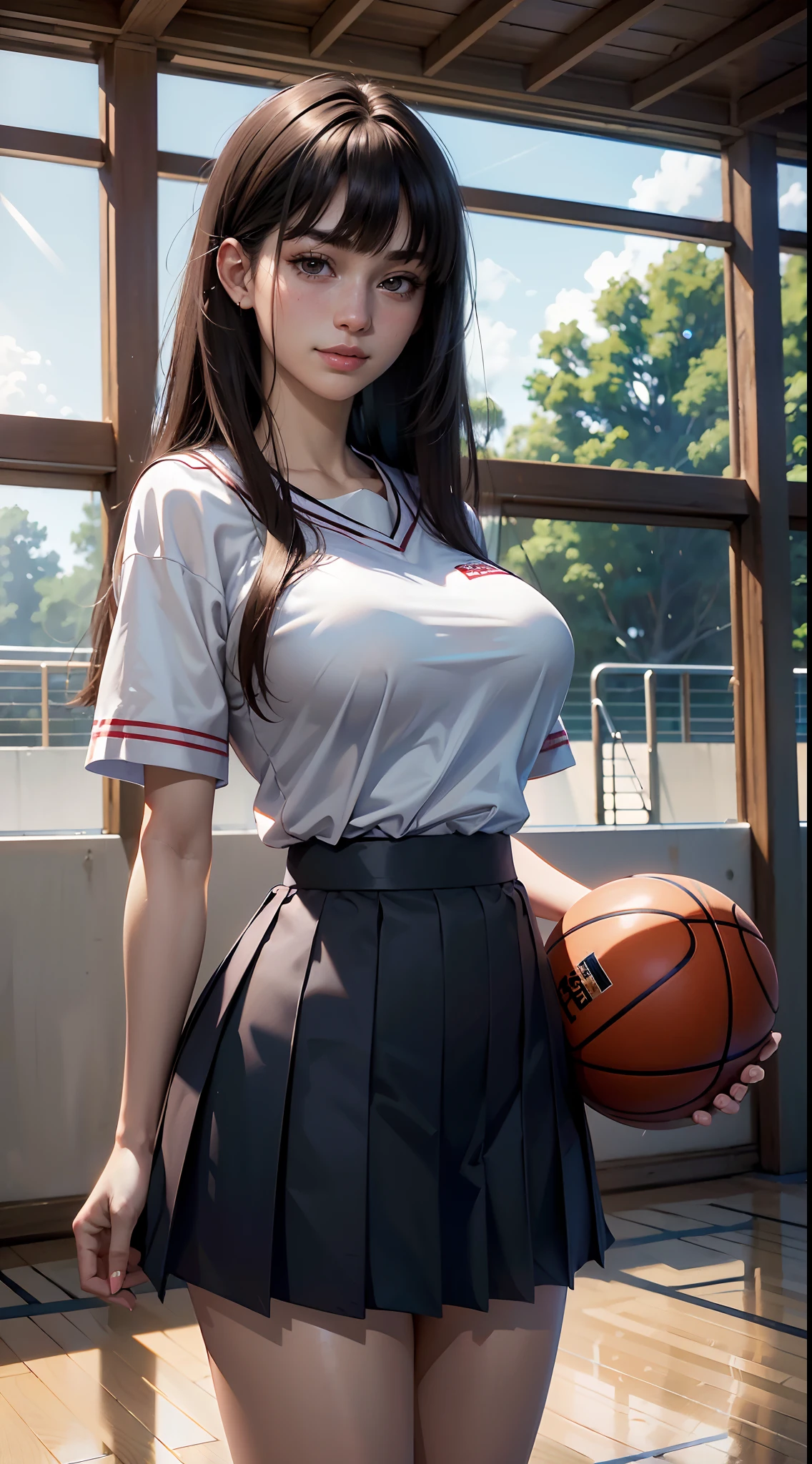 1lady solo, /(volleyball uniform/), /(dark brown hair/) bangs, blush light smile, (masterpiece best quality:1.2) delicate illustration ultra-detailed, BREAK /(volleyball court indoors/)