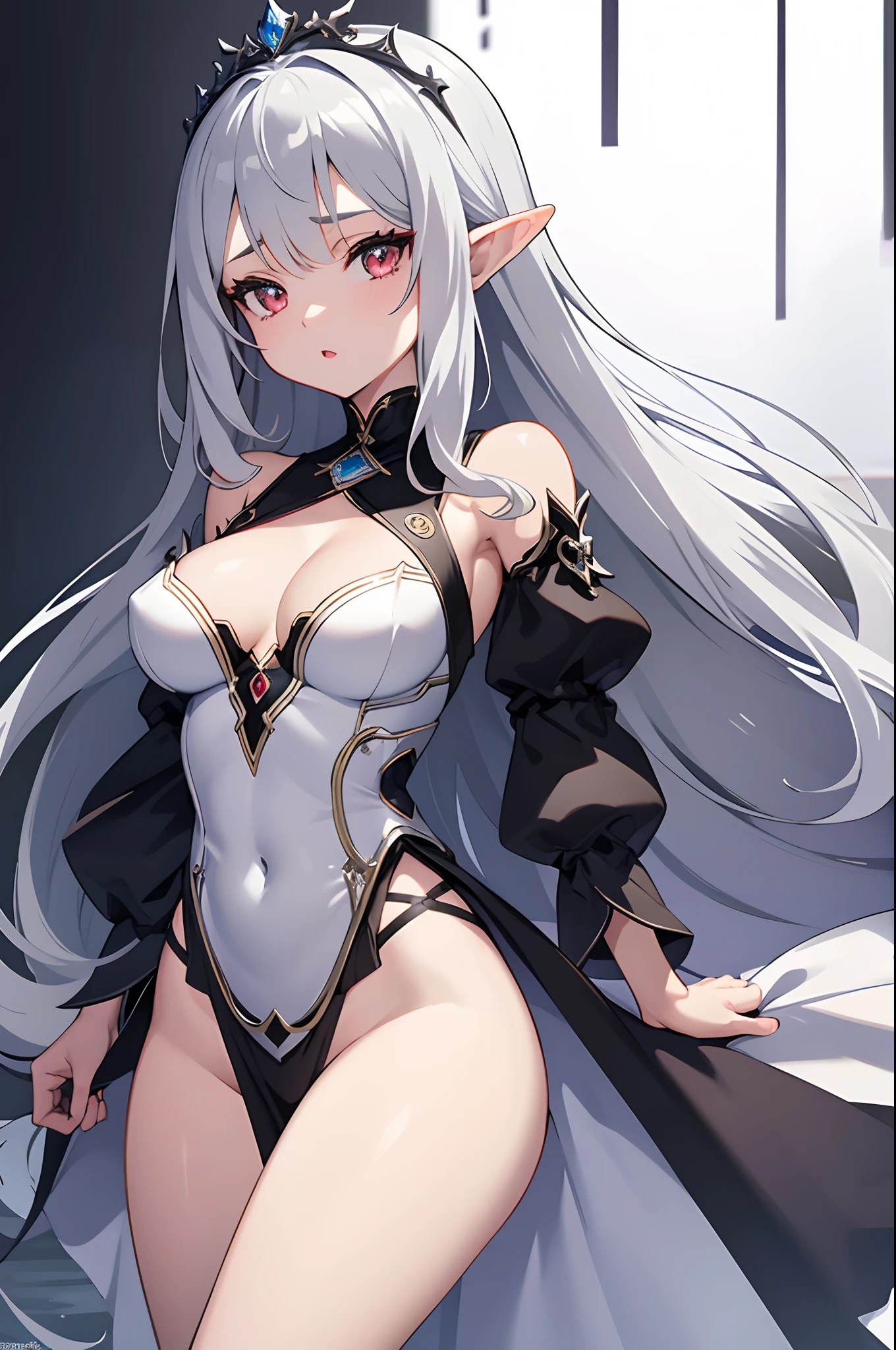 1girl, anime, cute girl, elf, blank background, white background, fantasy, detailed dark fantasy dress with highlights, beautiful face, beautiful eyes, dark colors, medium breasts, slight cleavage, beautiful skin, cute, silver hair, red eyes, breast curtains, extremely delicate and beautiful, (beautiful detailed face:1.0), (detailed deep eyes), symmetrical breasts, deep eyes, shiny skin, portrait, slender waist, hips wider than shoulders, thighs, young girl