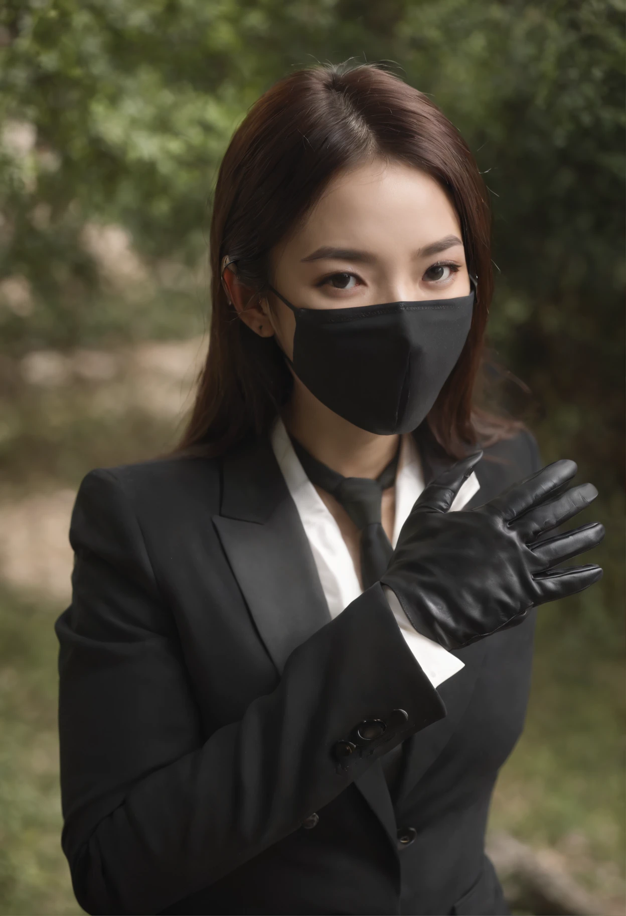 1. **Full body black style**: Wearing a black suit, shirt, tie, pocket square, and black leather gloves, it has a very chic and sophisticated appearance.
2. **Noh mask**: I have a Noh mask with a smile on my face, and I use it as an element to hide my emotions. ( It's a woman)