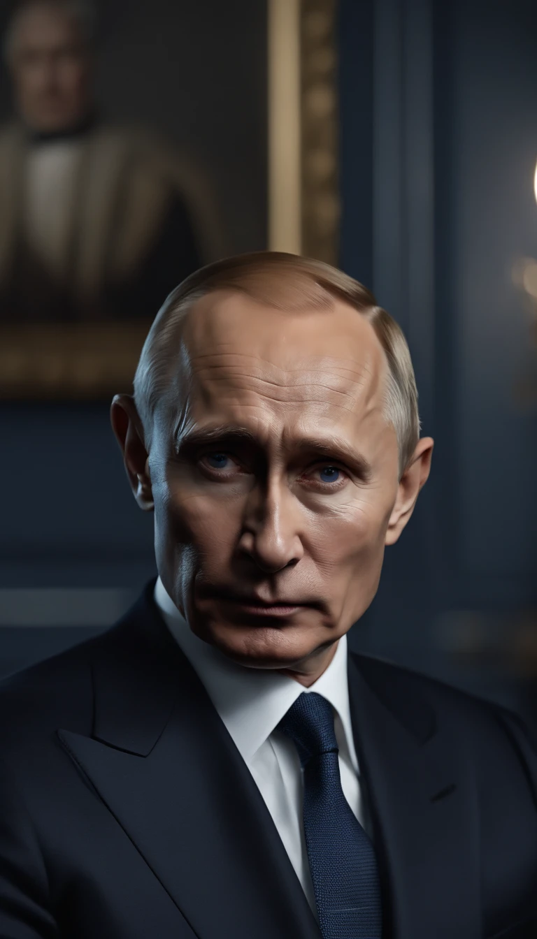 "(best quality,4k,8k,highres,masterpiece:1.2),ultra-detailed,realistic,political portrait,portrait painting,serious expression,confident pose,detailed eyes and face,short gray hair,blue eyes,sharp facial features,Kremlin background,Russian flag,official photo style,Russian President Vladimir Putin in a navy suit with a navy tie,official portrait"