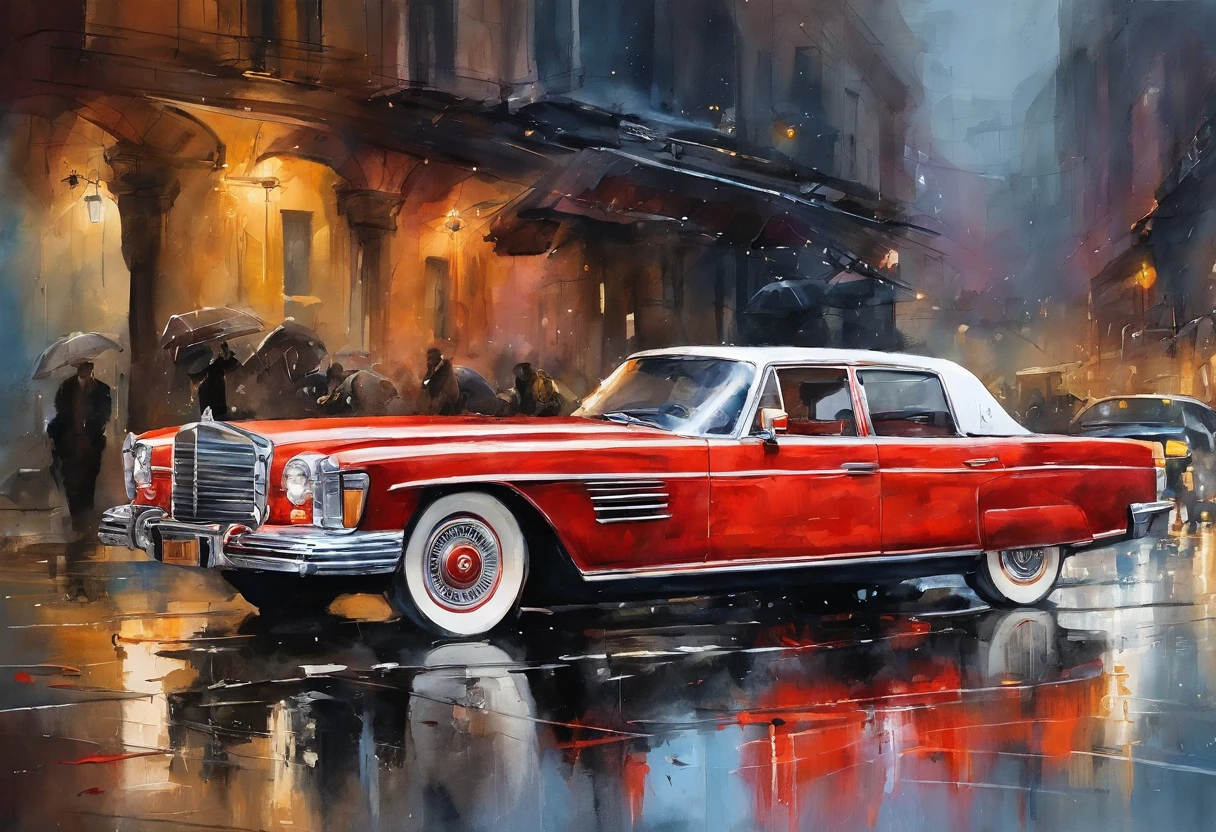 Maybach，Cyberpunk Style，rainy evening , Gangster vibe，Two cars，Car accident，collide，the street，Onlookers