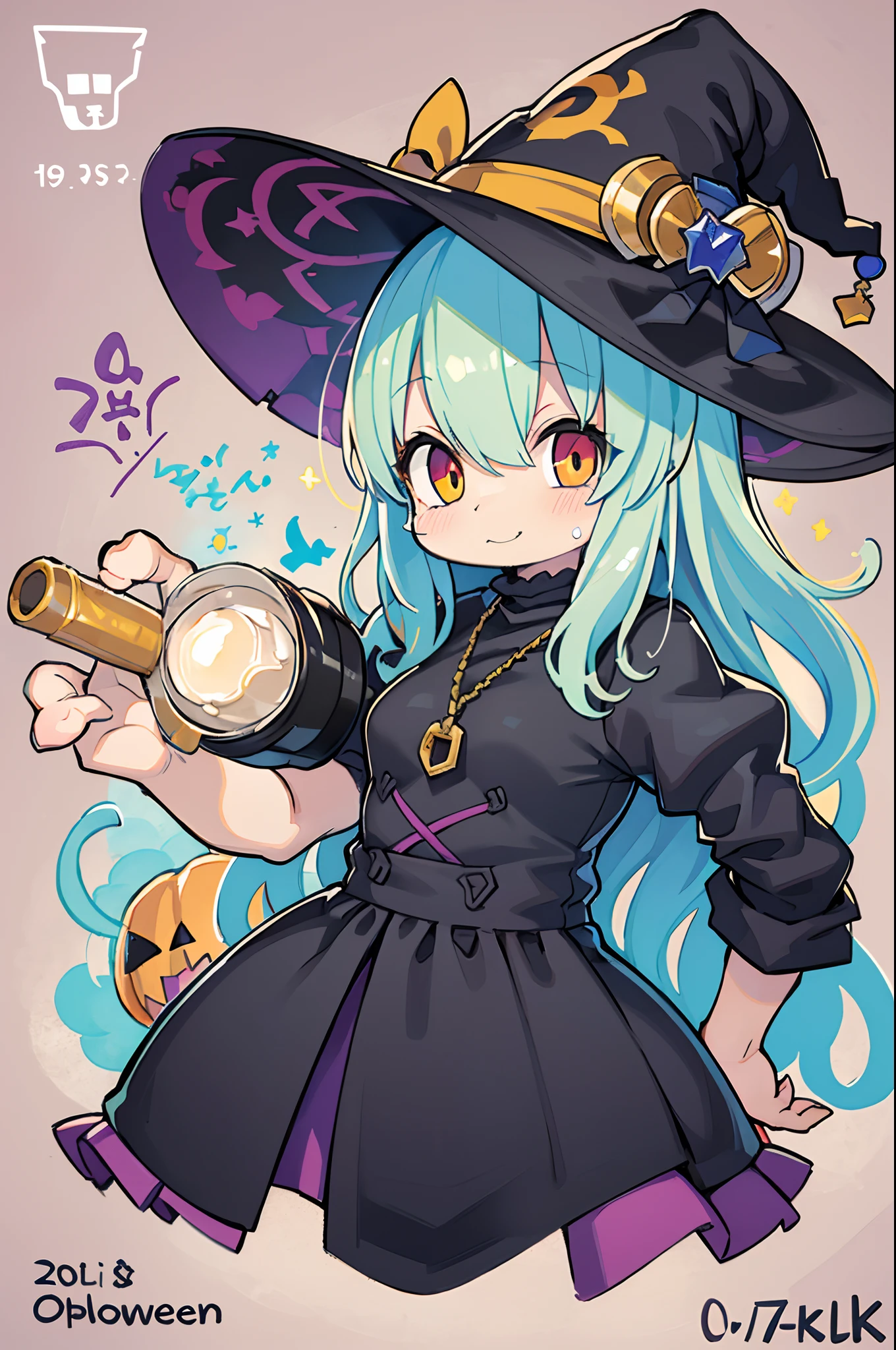 Charming Halloween 8 year old witch, Random facial expressions, Random coloring, Cartoon style, 2D, planar vector, Character Design, T-shirt design, Colorful splashes, Vector art, Fantasy Art, Watercolor effect,Digital Painting, white bg, 8K