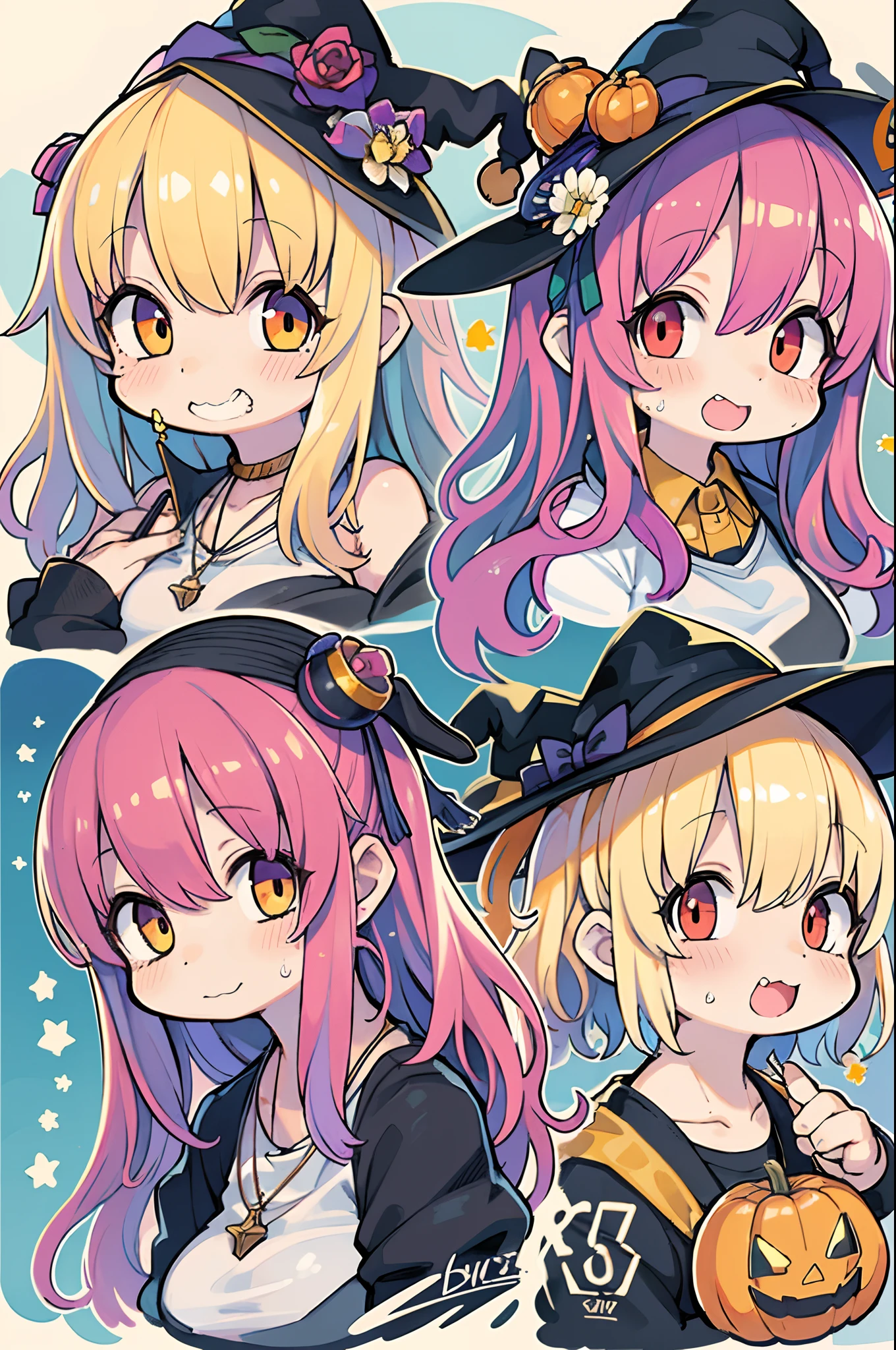 Charming Halloween 8 witch, Random facial expressions, Random coloring, Cartoon style, 2D, planar vector, Character Design, T-shirt design, Colorful splashes, Vector art, Fantasy Art, Watercolor effect,Digital Painting, white bg, 8K