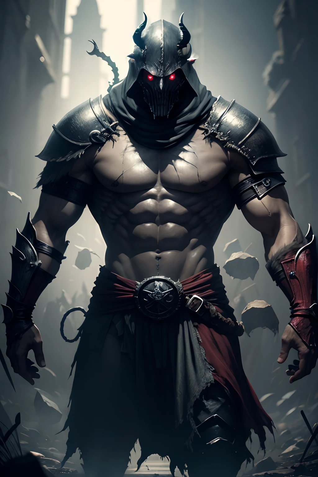 Tall muscular handsome demon man. He wears a real assassin costume and is masked. Ele tem duas katanas nas costas. Ele tem cabelos longos e brancos. It's the middle of the night in the dark city