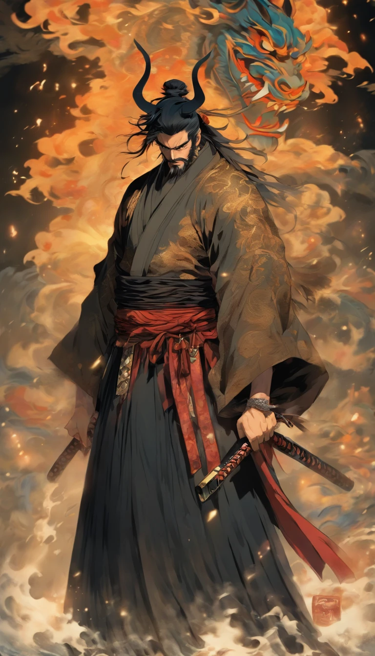 middle aged man, Evil painting style, hight resolution, black colored hair, Half of the devil's body and half of the devil's face, Samurai of Japan, Delicate three-dimensional blue flame demon face, a beard, Wearing a hat, Anger expression, Perfect body proportions, caftan, Black and white robes, The scabbard hangs from the waist, Handsome, full-body view, standing on your feet, (White background:1.3), sword holding, He hugged long, A wide and heavy knife in his hand, Face the lens, (Blackn clothes:0.8), high detailing, masutepiece, ccurate, Anatomically correct, Textured skin