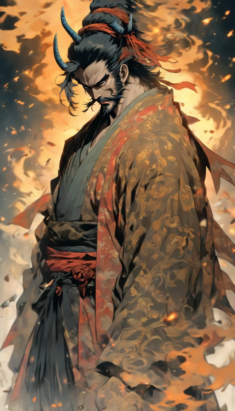 middle aged man, Evil painting style, hight resolution, black colored hair, Half of the devil's body and half of the devil's face, Samurai of Japan, Delicate three-dimensional blue flame demon face, a beard, Wearing a hat, Anger expression, Perfect body proportions, caftan, Black and white robes, The scabbard hangs from the waist, Handsome, full-body view, standing on your feet, （White background：1.3）, sword holding, He hugged long, A wide and heavy knife in his hand, Face the lens, （Blackn clothes：0.8）, high detailing, masutepiece, ccurate, Anatomically correct, Textured skin