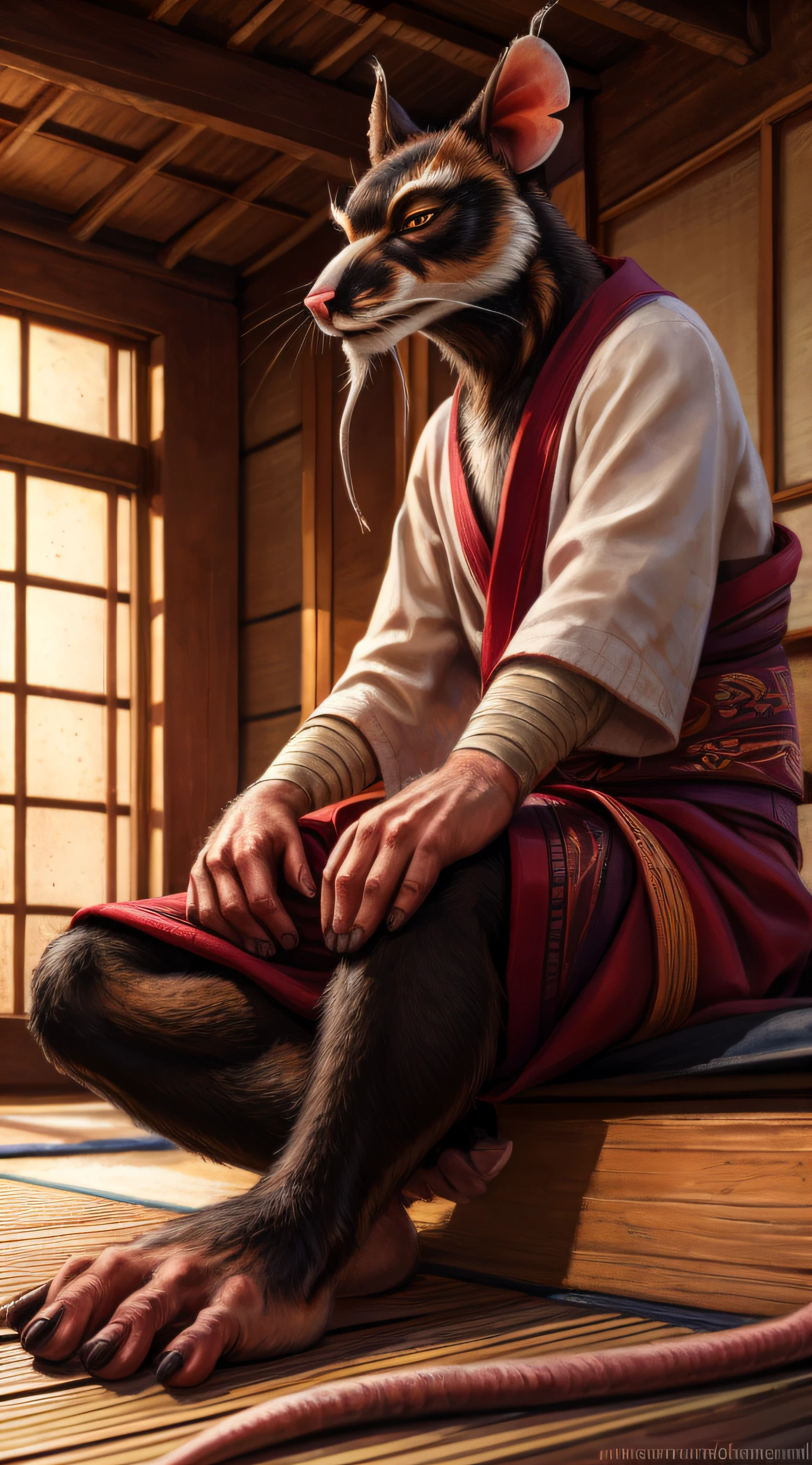 low-angle view,
standing, dojo, japanese temple, inside, clothed, kimono, red kimono, rat tail, goatee, brown body, white fur, black fur, bandages, safe,
(master splinter:1.2), meditating, crossed legs, sitting, closed eyes, solo, topwear, bottomwear, incense, tatami, 
BREAK,
by bruteandbrawn, by personalami, by kenket, (intricate, high detail, film photography, soft focus, RAW candid cinema,
photorealism, realistic, photorealistic, analog style, subsurface scattering,
masterpiece, best quality, ultra realistic, 8k)