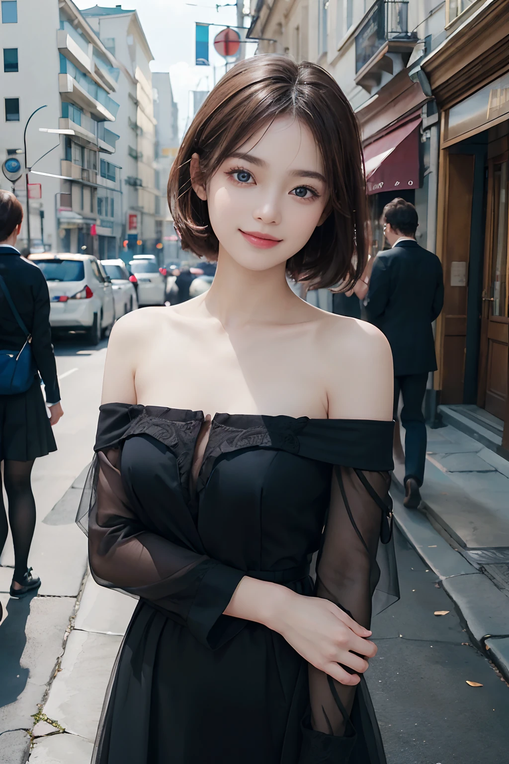 ((top-quality、masterpiece:1.3))、、1 female:2.0、Colossal tits:1.3、Slender body type:1.1、Toned abs、Brown hair、short-cut、Detailed lips、detailedeyes、二重まぶた、blue eyess、wide Shots、(Raw photography、top-quality)、(realisitic、Photorealsitic:1.3)、top-quality、masterpiece、extremely delicate and beautiful、extremely details CG、 absurderes、A smile、Erotic face、Street、Fours、Slouched、Nokezoru、Black off-the-shoulder dress、Strong smile、model poses、Looking to the right、Cute side shot of a 19-year-old +Shy + Gorgeous French-Albanian schoolgirl、god rays、Shot with AFGA Vista 400::2.0 、Photos of the atmosphere in the style of Eric Madigan Heck and Arthur Elgort、Atmospheric、Bokeh、Yuki
