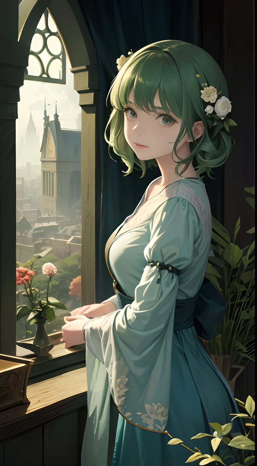 Kate Greenaway, Hieronymus Bosch, Japanese Anime, Surreal Mysterious Strange Fantastic Fantasy Sci-Fi, solo perfect voluminous body girl, Mannerism Game, Cipher, Blues, Connection, Geometric Thinking, The Fairy-tale Woodcutter's Blow, Symbolism, vibrant colors, girl, masterpiece, sharp focus, best quality, depth of field, cinematic lighting, detailed, high resolution definition quality