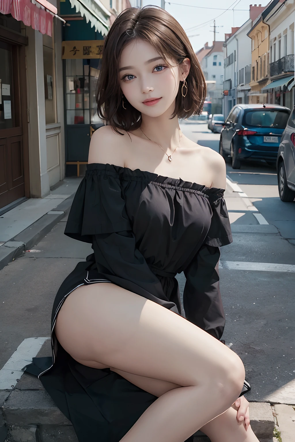 ((top-quality、masterpiece:1.3))、、1 female:2.0、Colossal tits:1.3、Slender body type:1.1、Toned abs、Brown hair、short-cut、Detailed lips、detailedeyes、二重まぶた、blue eyess、wide Shots、(Raw photography、top-quality)、(realisitic、Photorealsitic:1.3)、top-quality、masterpiece、extremely delicate and beautiful、extremely details CG、 absurderes、A smile、Erotic face、Street、Fours、Slouched、Nokezoru、Black off-the-shoulder dress、Strong smile、model poses、Looking to the right、Cute side shot of a 19-year-old +Shy + Gorgeous French-Albanian schoolgirl、god rays、Shot with AFGA Vista 400::2.0 、Photos of the atmosphere in the style of Eric Madigan Heck and Arthur Elgort、Atmospheric、Bokeh、Yuki