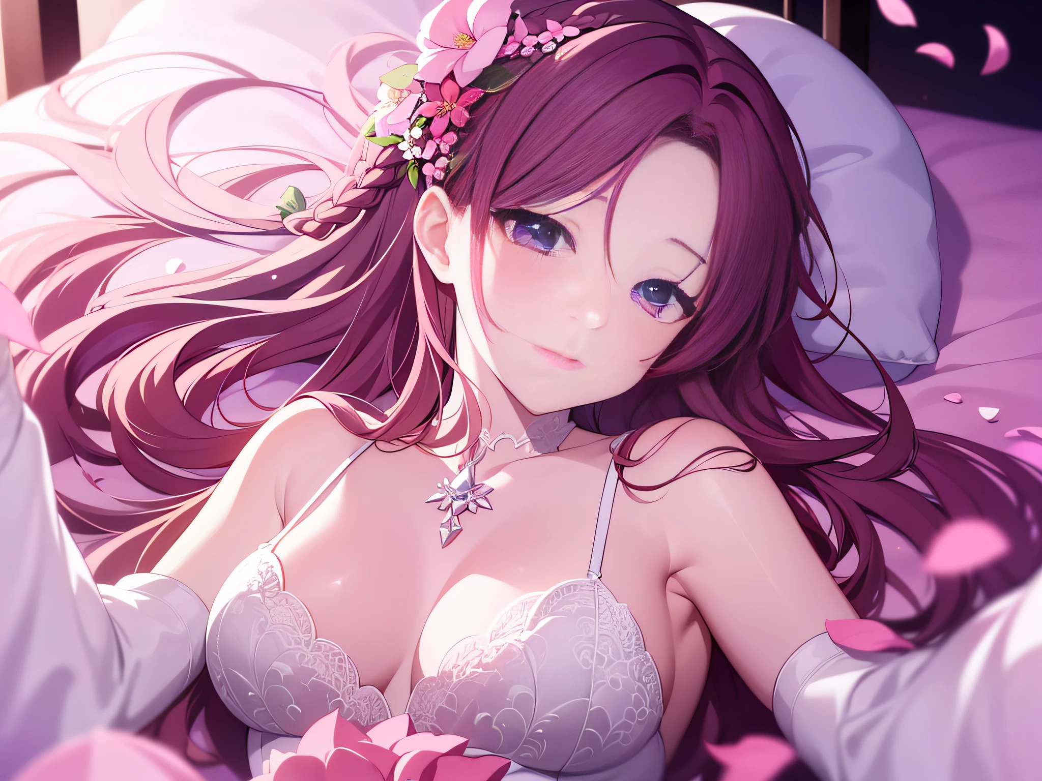 in 8K、top-quality、masterpiece、ultra-detailliert、Ultra-high resolution、Anime style、on the beds、laying on back、Pink cheeks、pink lipsticks、A dark-haired、Braided hair、weddingdress、flower petals、open limbs