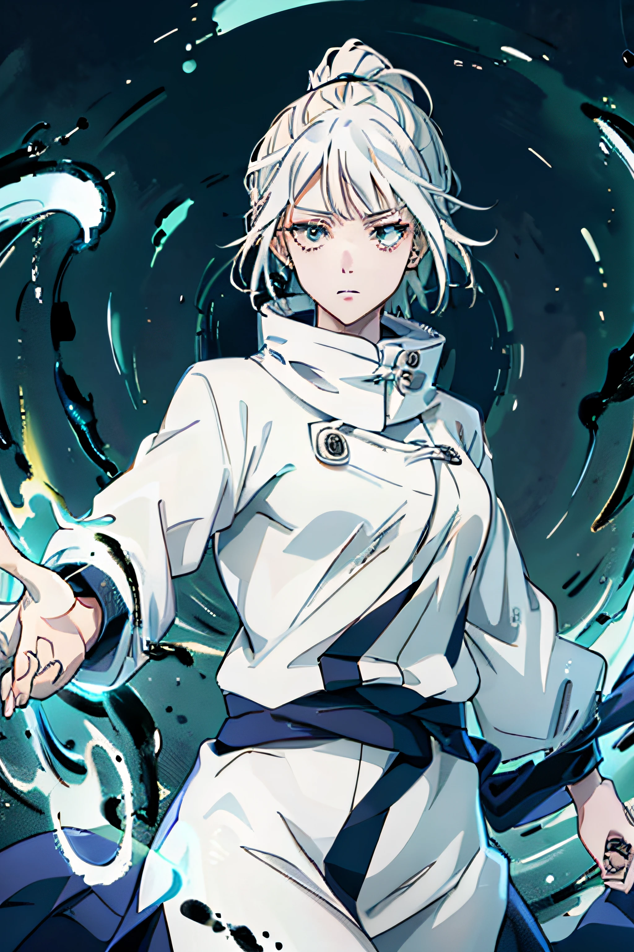 1.5, best quality, high quality, High definition, High quality texture, high detail, beautiful detailed, finely detailed, extremely detailed cg, detailed texture, 1woman, girl, female, jujutsu kaisen inspired, jujutsu sorcerer, cursed energy aura, ((holding hand out towards camera)), white hair, ((god-like)), dynamic, action shot, lean build