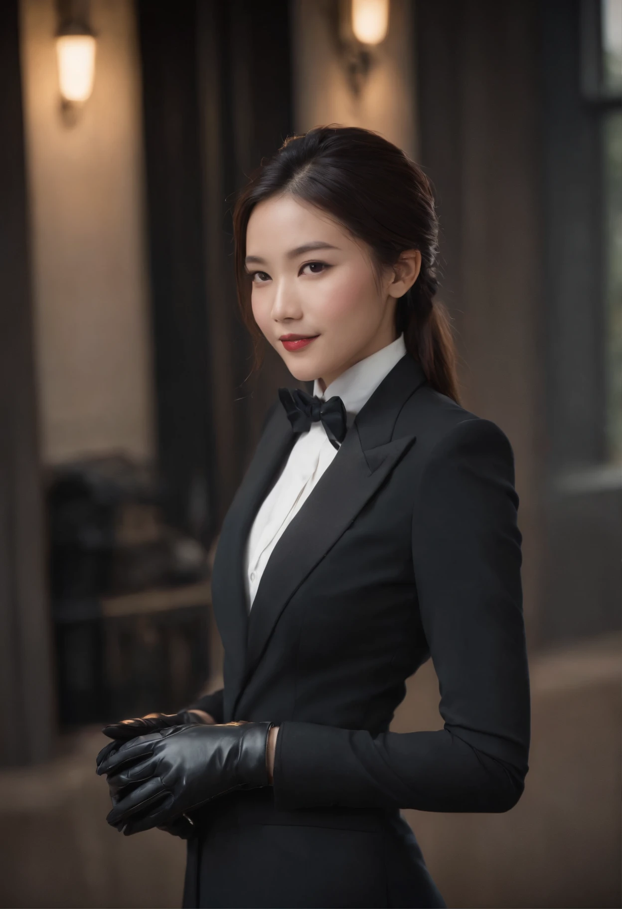1. **Full body black style**: Wearing a black suit, shirt, tie, pocket square, and black leather gloves, it has a very chic and sophisticated appearance.
2. **Noh mask**: I have a Noh mask with a smile on my face, and I use it as an element to hide my emotions. ( It's a woman)