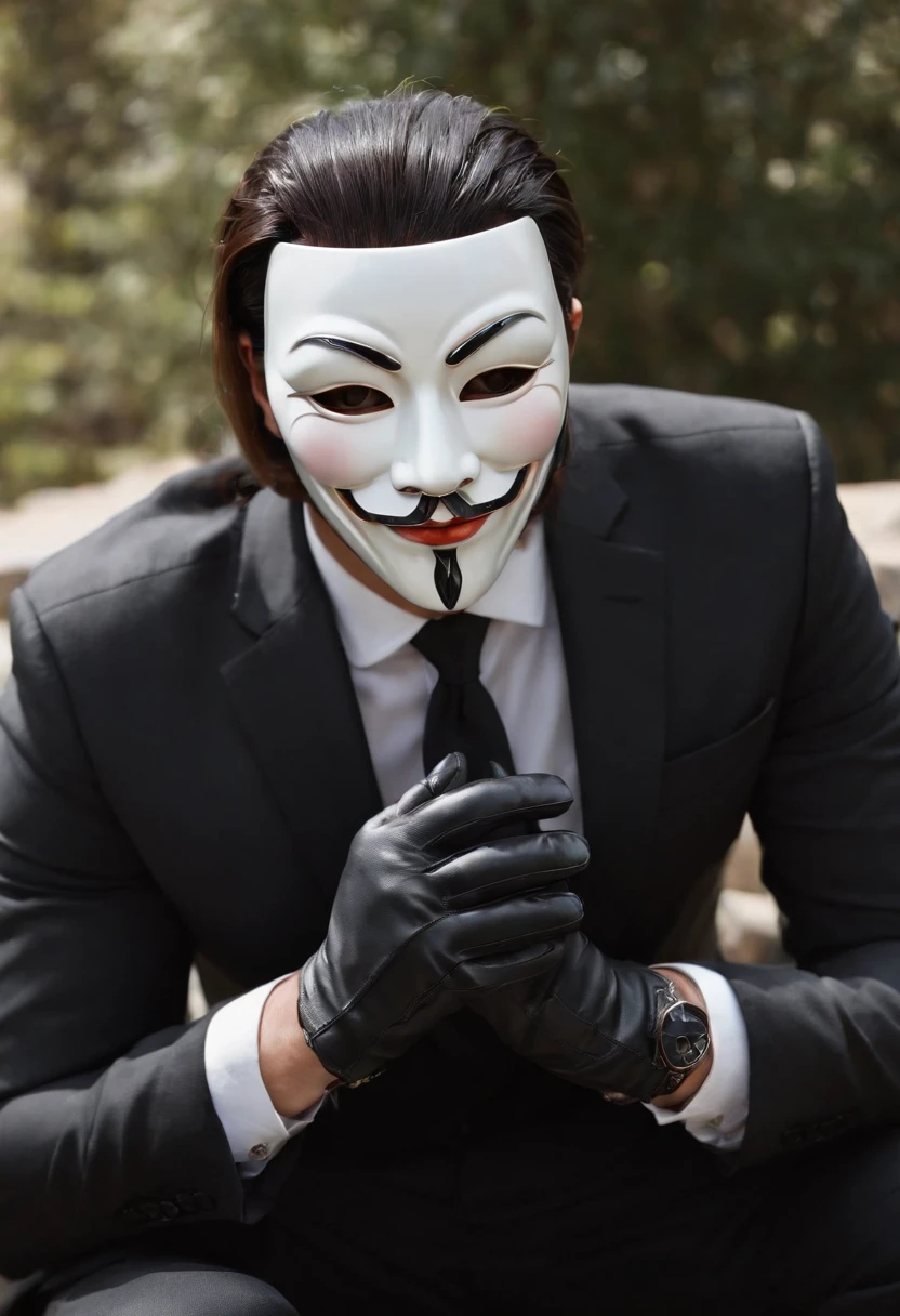 1. **Full body black style**: Wearing a black suit, shirt, tie, pocket square, and black leather gloves, it has a very chic and sophisticated appearance.
2. **Noh mask**: I have a Noh mask with a smile on my face, and I use it as an element to hide my emotions. ( It's a woman)