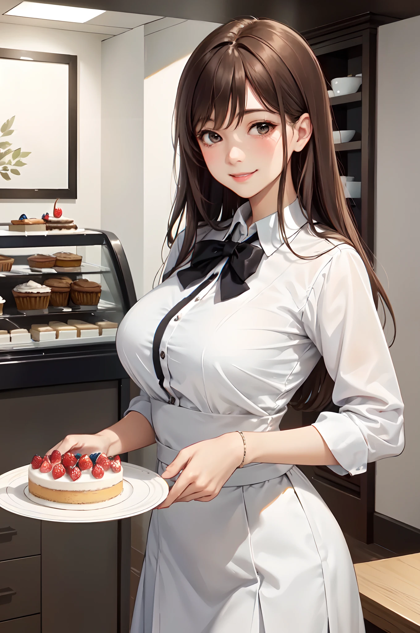 1lady solo standing, /(staff uniform/), mature female, /(brown hair/) bangs, blush kind smile, (masterpiece best quality:1.2) delicate illustration ultra-detailed, large breasts BREAK /(cake shop/), detailed background