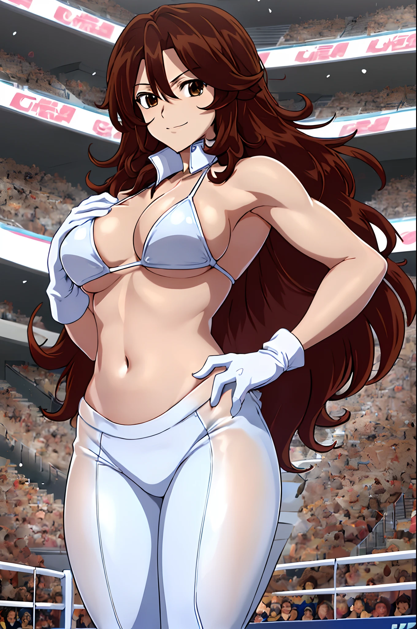 cowboy shot, upper body view, anime style: 1.8, anime drawing, ultra detailed face, ultra detailed body, 4k, Sumergai Lee Noriega, (standing), best quality, anime style, hires, highest definition, digital blending, bold drawing lines, ((slender body, female wrestler), (location: wrestling arena, crowds watching), (weak body, slender body, broad shoulders, slim arms, little biceps), ((white micro bikini, long pants, groin, white boots, white gloves, collar)), victorious, winner, smile, , (big breasts), (big eyes, brown eyes), (warming up), (brown hair, loose hair, curly hair, wavy hair, long hair, missy hair), 27 years old,