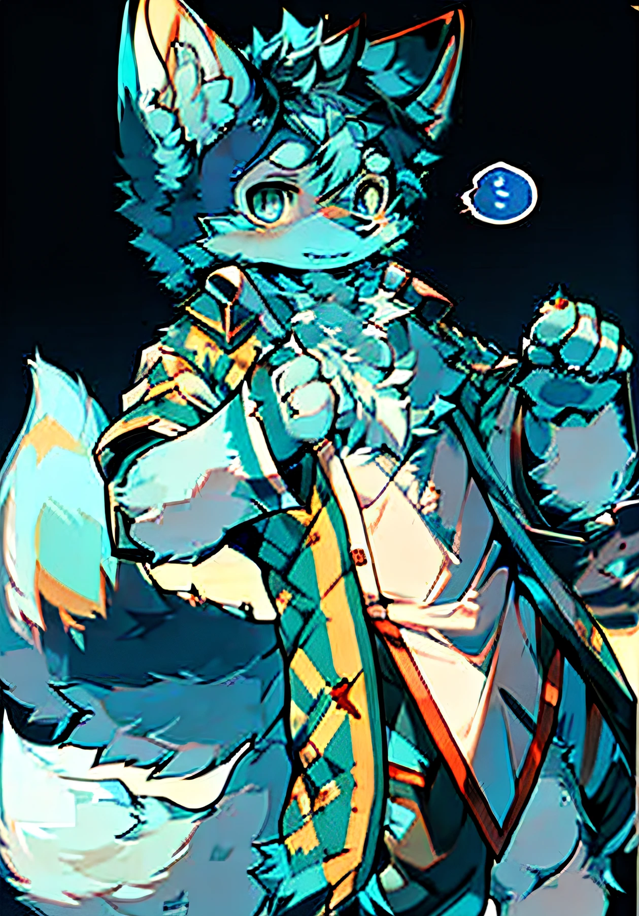 Bright eyes, in a panoramic view, Character focus.(detailedbackground:0.7), 独奏, shaggy, shaggy male, malefocus(Full Body Furry, Fluffy tail, Talk about blue fur, blue color eyes, blue hairs:1.2),red fox，