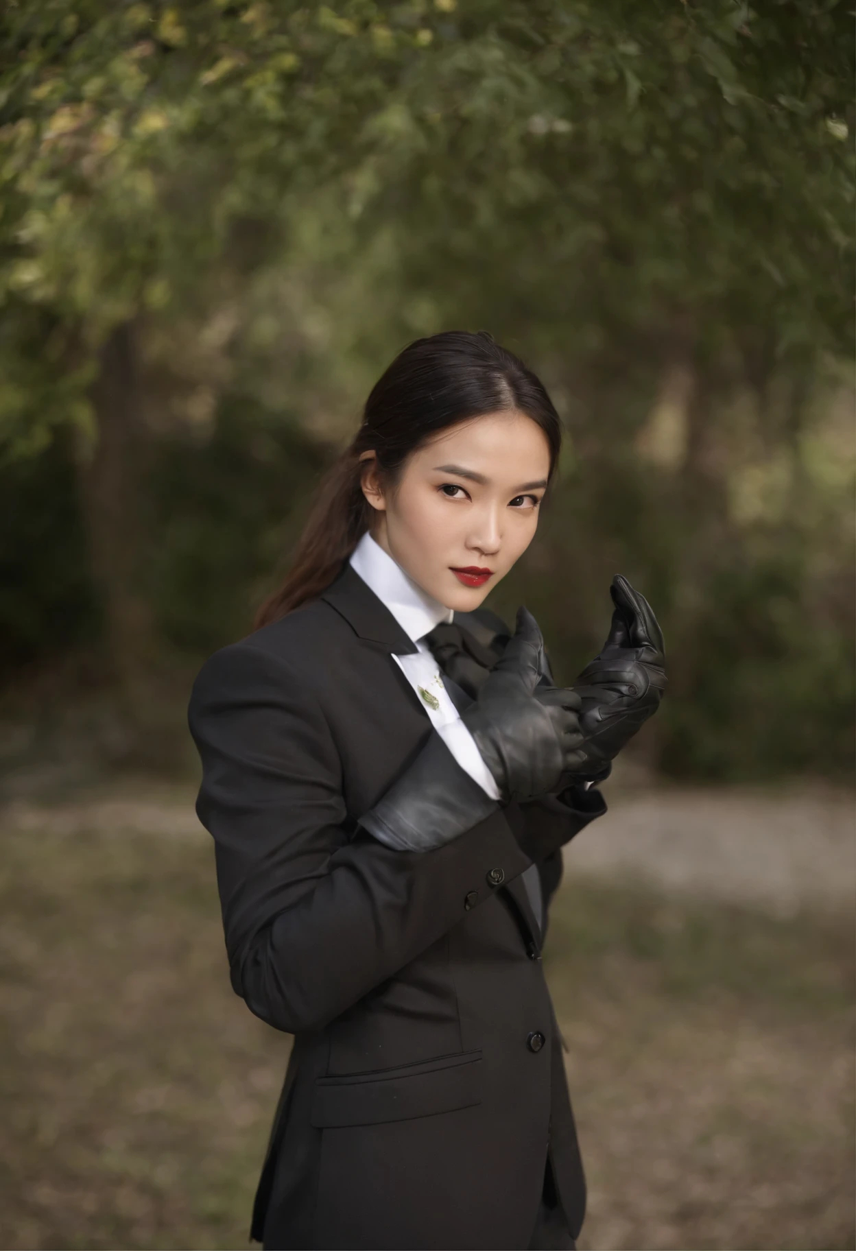 1. **Full body black style**: Wearing a black suit, shirt, tie, pocket square, and black leather gloves, it has a very chic and sophisticated appearance.
2. **Noh mask**: I have a Noh mask with a smile on my face, and I use it as an element to hide my emotions. ( It's a woman)