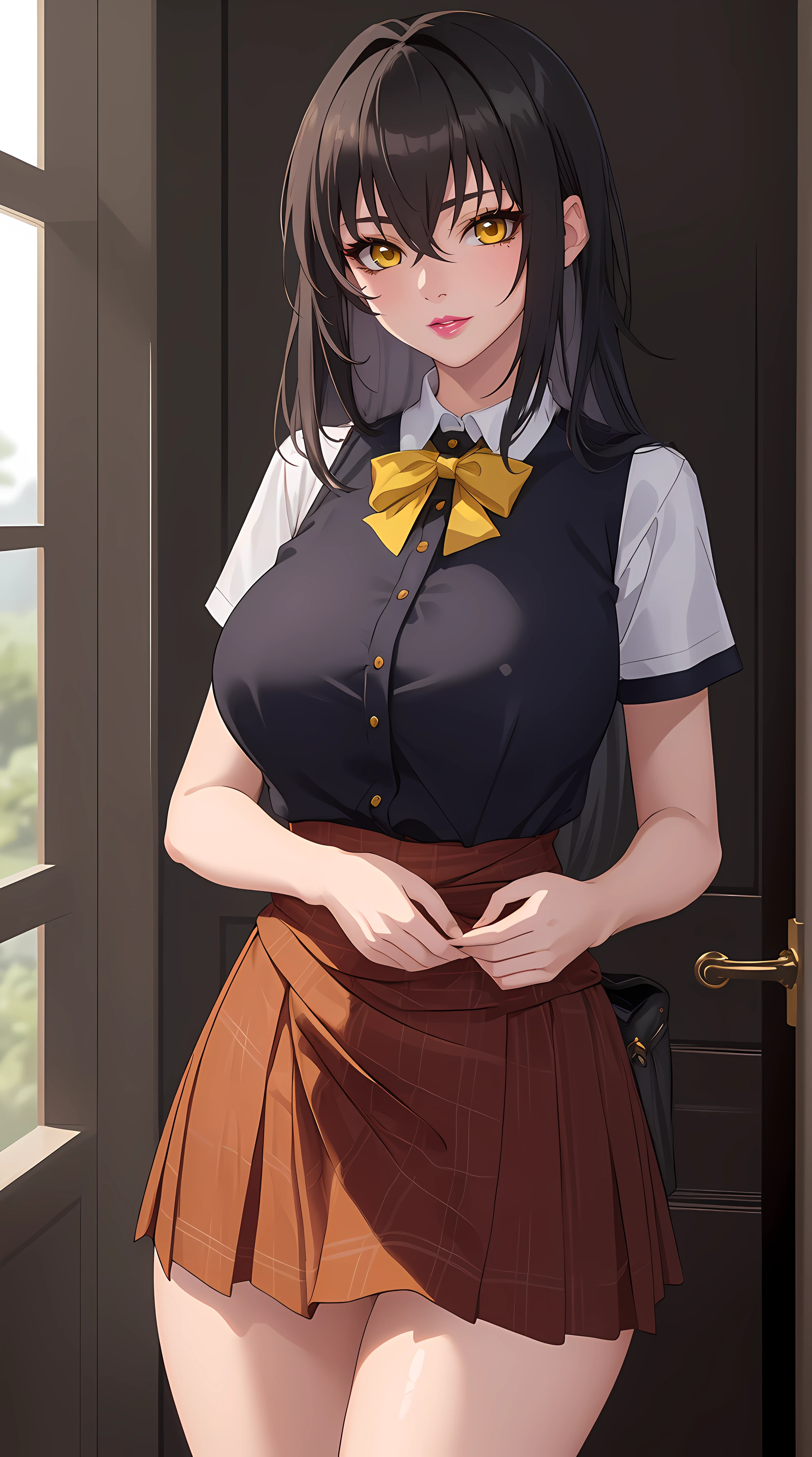 (masterpiece:1.4),(best quality:1.4),  soft lighting, cinematic bloom, beautiful face, beautiful eyes, cowboy shot,
1girl, solo, female mature, black hair, long hair, (yellow eyes:1.4), large breasts, school outfit, highschool, hair intakes, exquisite eyes detail, exquisite character design unity details 8k hdr, professional art, landscape, (solo:1.5, 1girl:1.4, cowboy shot:1.5), sexy body, milf, 35 years old girl, big thighs, sexy waist, cheerful,