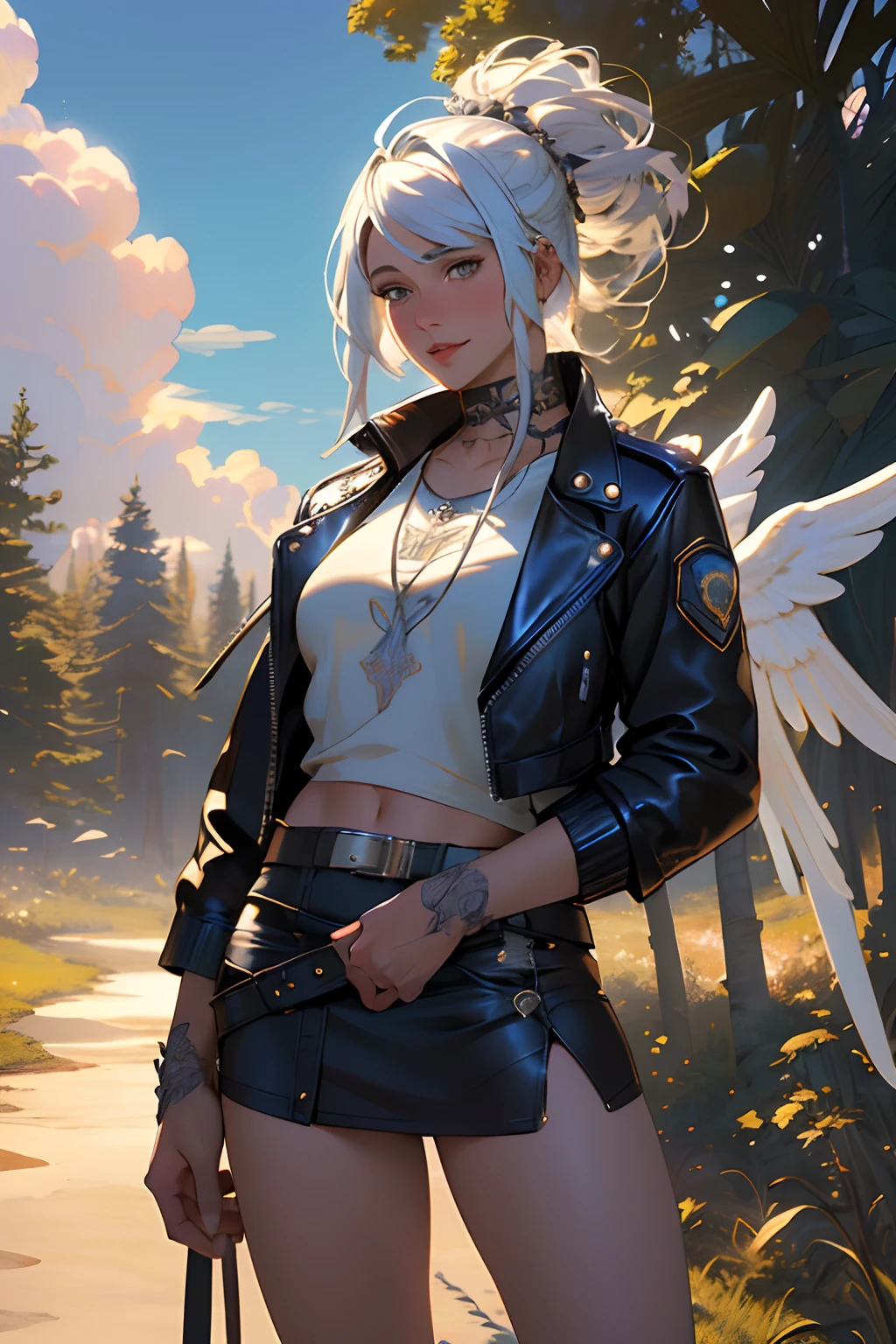 angel white hair and beard, in the sky with clouds, long clothes, style Livia Prima and Magali Villeneuve, fantasy, masterpiece, best quality, high resolution, realistic, perfect work Sunset, highly detailed, illustration, 8k, ultra high quality, classy Punk girl, sexy, colourfull illustration, DreamWorks, leather jacket and miniskirt, forest