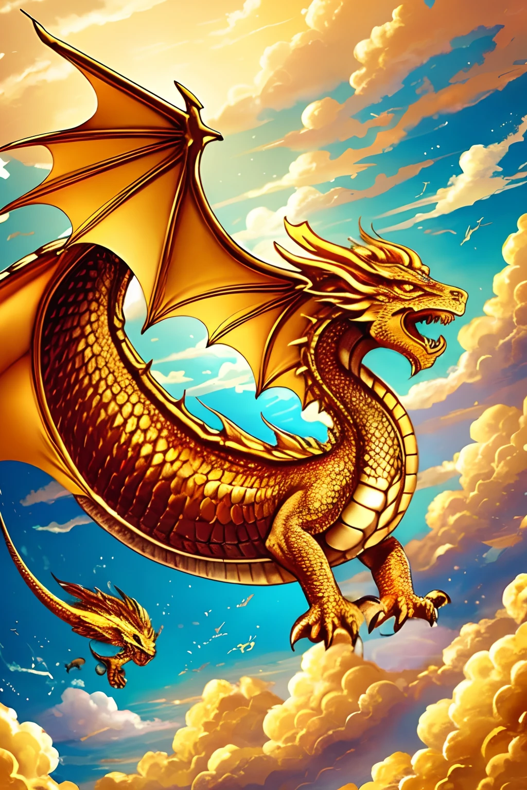 golden colors、dragon、Brave、Swimming high in the sky