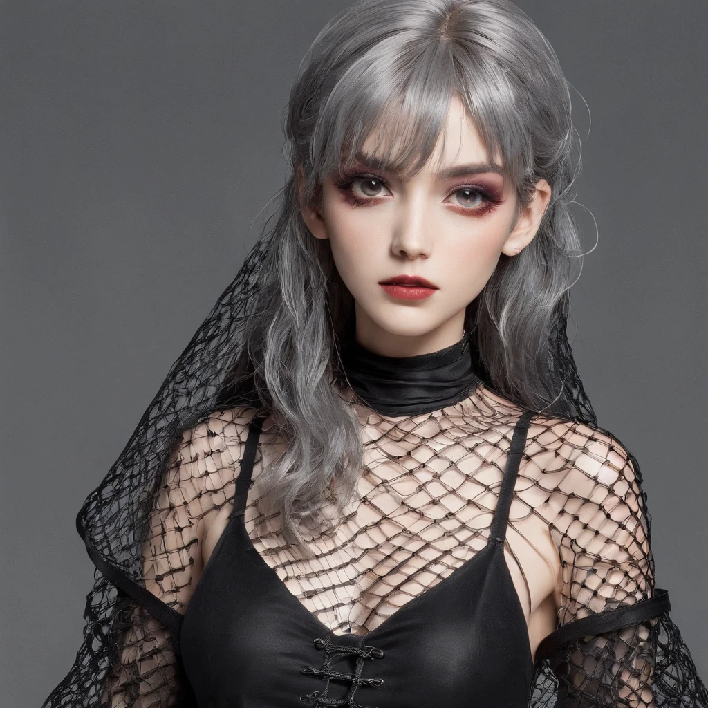 (1980s anime), Girl with gothic net symbolic clothes, (Barbed wire of the body) brunette color hair,Gray hair ends