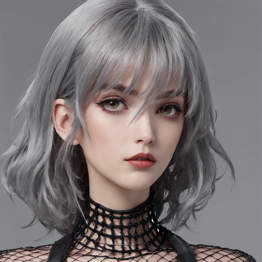 (1980s anime), Girl with gothic net symbolic clothes, (Barbed wire of the body) brunette color hair,Gray hair ends