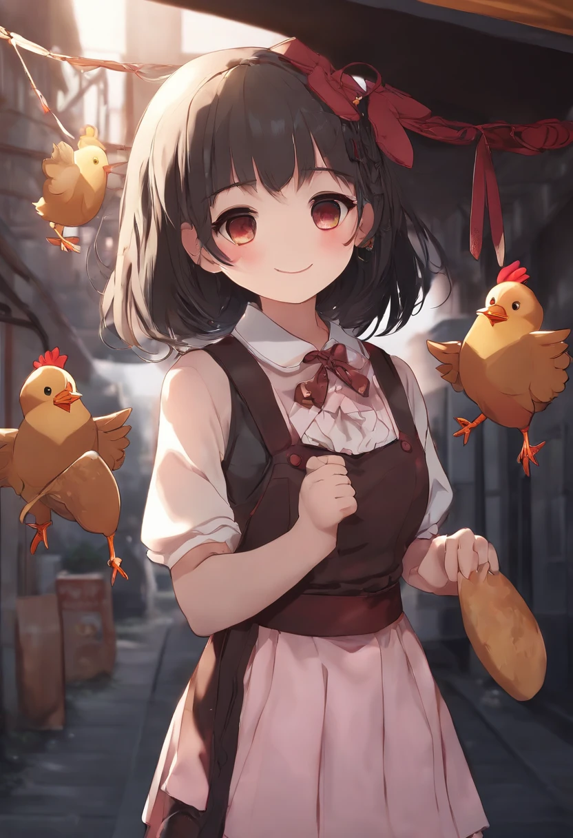 When it is dark，A loli-sized anime girl smiles back at you on the street，There are chicken dolls hanging from the body