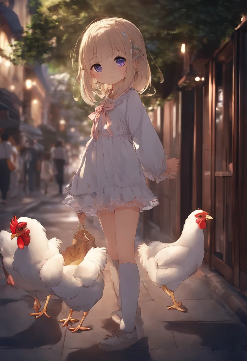 When it is dark，A -sized anime girl smiles back at you on the street，There are chicken dolls hanging from the body