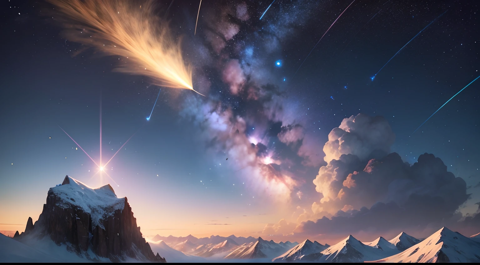 A shooting star falls on a mountain