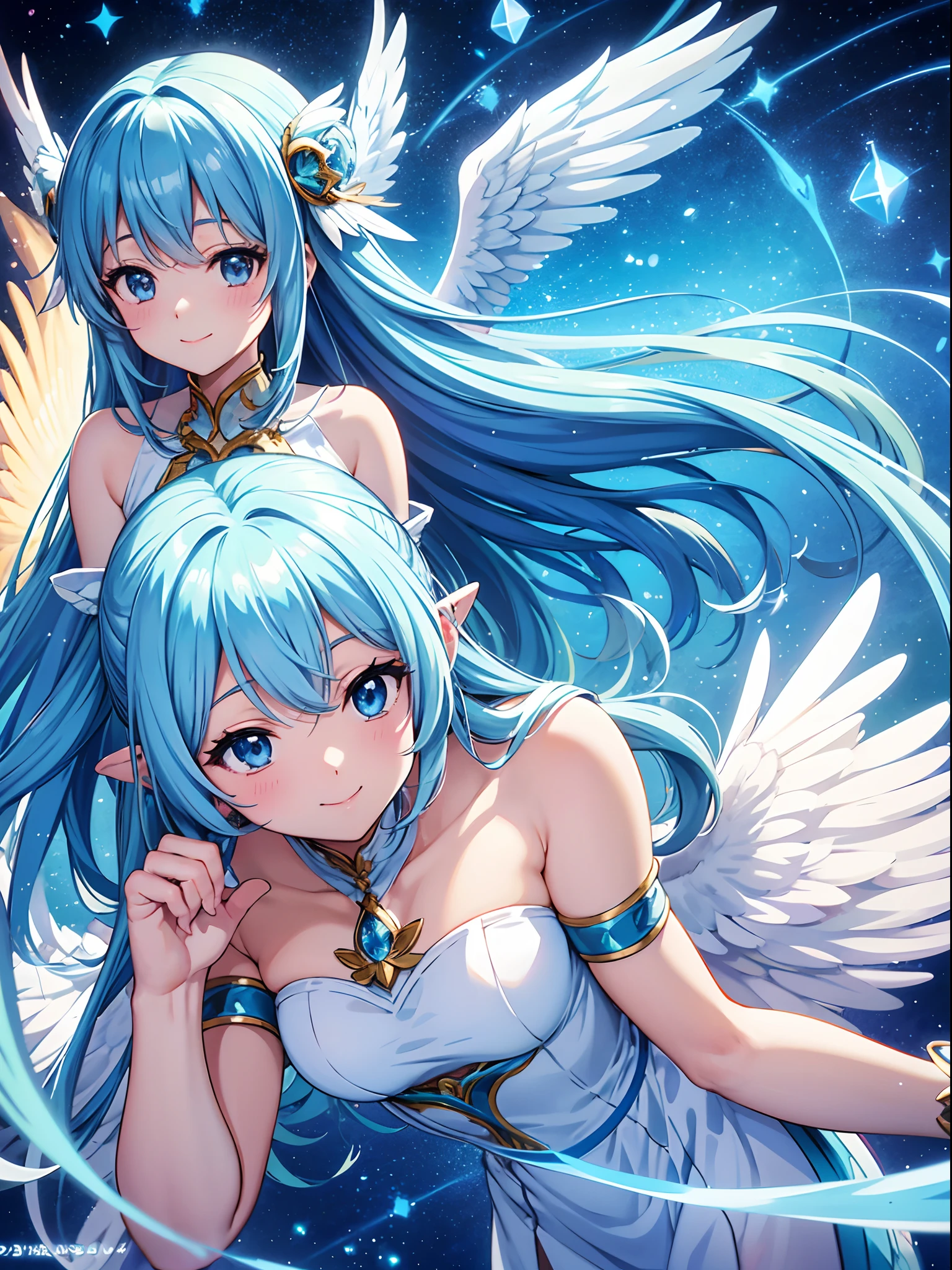 Anime visual of a girl with long hair in light blue, Girl with angel big big wings on her back、adorable smiling、Facing the front、Looking here、angel costume、Background is an aura of light and crystal、anime visual, official artwork, anime cover, High quality anime art style, anime moe art style