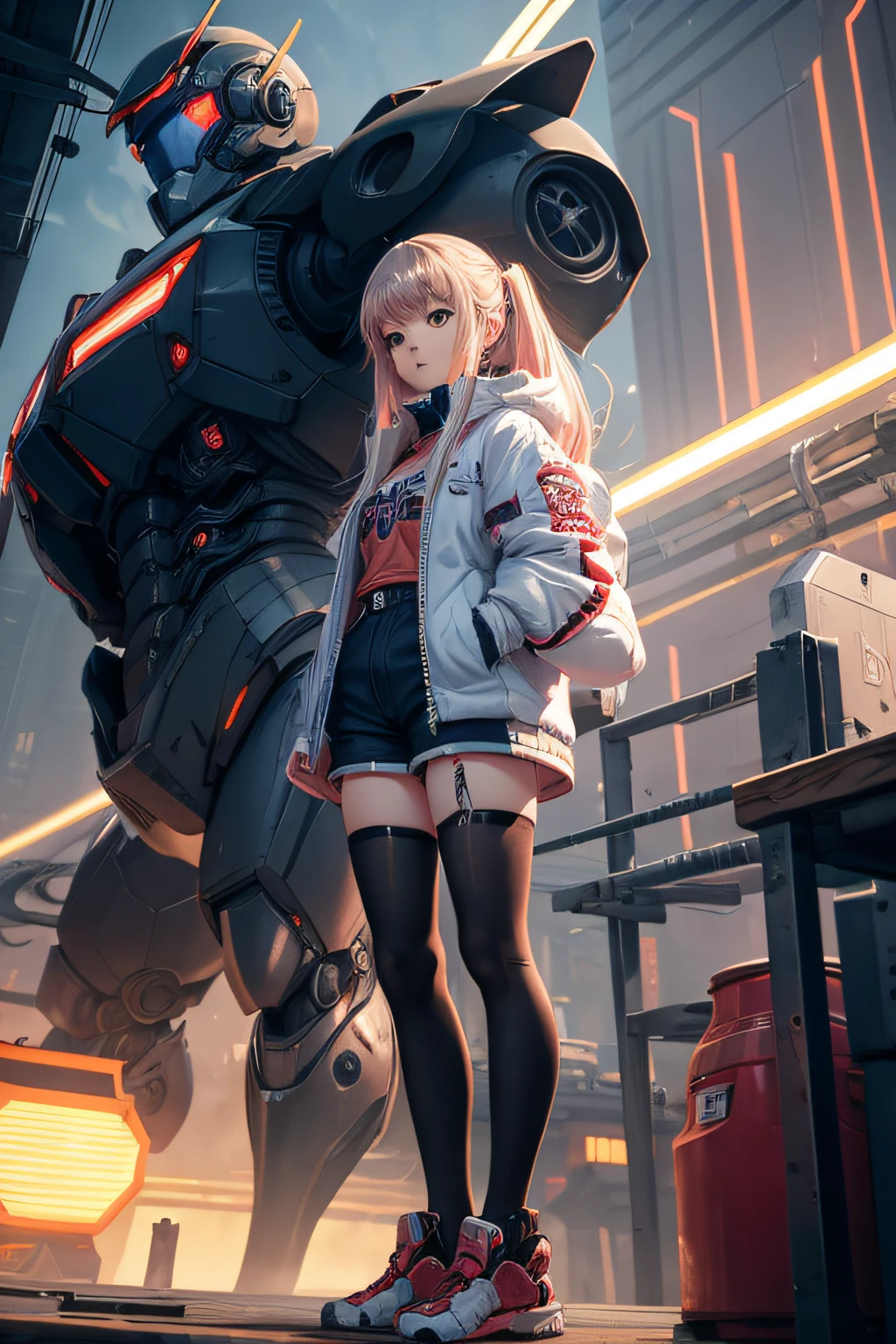 Anime girl in shorts and jacket standing next to big robot、Guweiz style artwork、Girl mecha in cyberpunk anime、trending in CGSTATION、guweiz、By Russell Dongjun Lu、digital cyberpunk anime art、ros tran 8 k、Gwise on ArtStation illustration - pixiv 、Girl in Mecha Cyber Armor