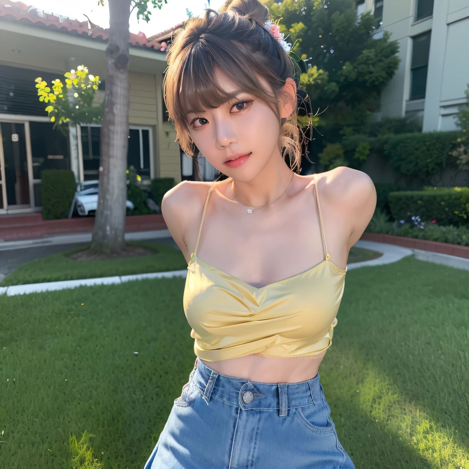 (8k, RAW photo, best quality, masterpiece:1.2), (realistic, photo-realistic:1.37), best quality, ultra high res, back lights, light leaks, dynamic lighting, slim, smooth skin, (pureerosface_v1:1), bond, navel, kpop idol, (beautiful detailed eyes:1),(beautiful detailed face:1),(freebuffing:1.2), outdoors, ulzzang-6500, 1girl, standing, upper body, (:1.2), no fringes, skirt, from front, front view, looking at viewer, small breasts, arms behind back, street, sunlight,
