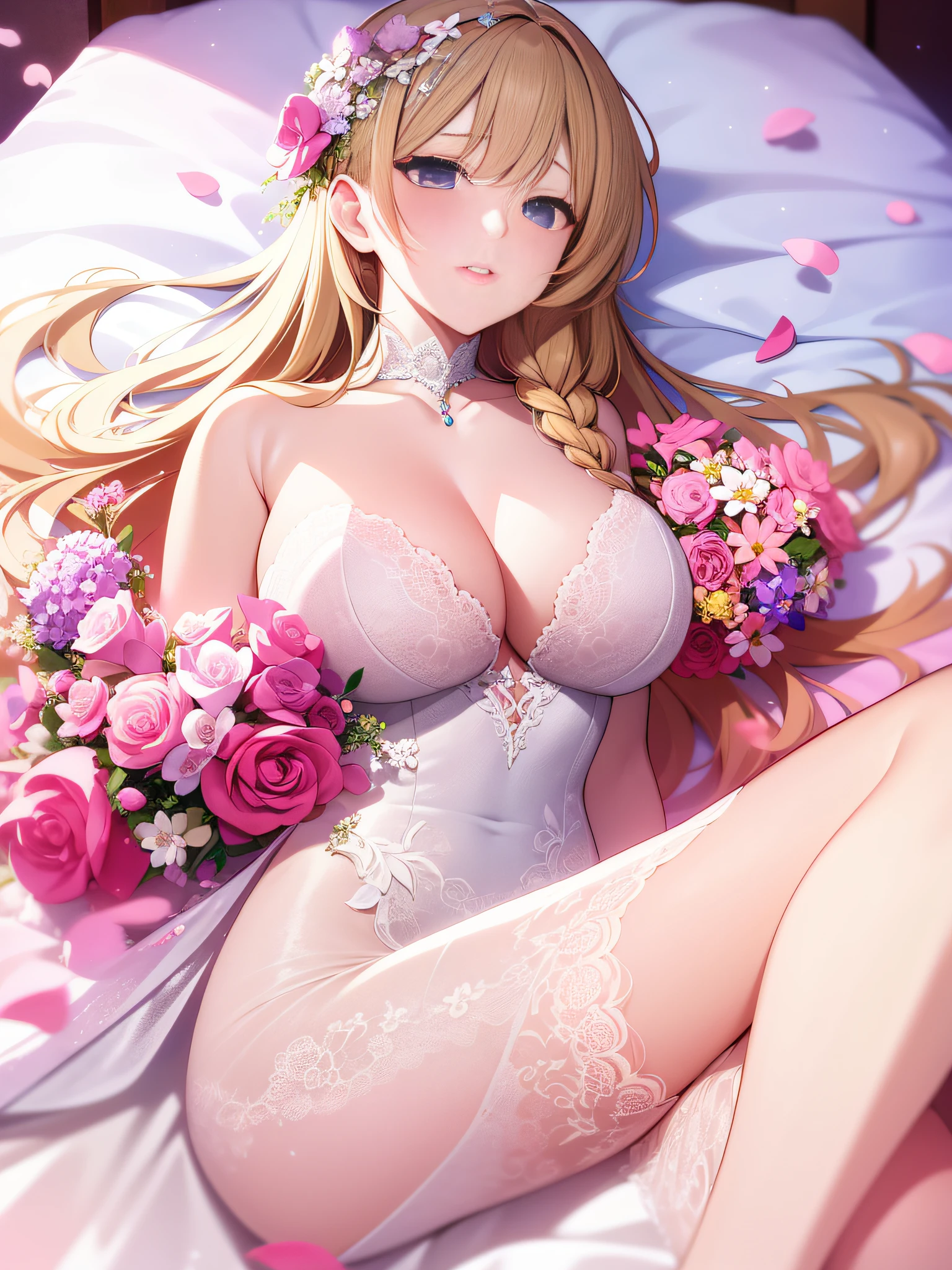 in 8K、top-quality、masterpiece、ultra-detailliert、Ultra-high resolution、Anime style、on the beds、laying on back、Pink cheeks、pink lipsticks、a blond、Braided hair、weddingdress、flower petals