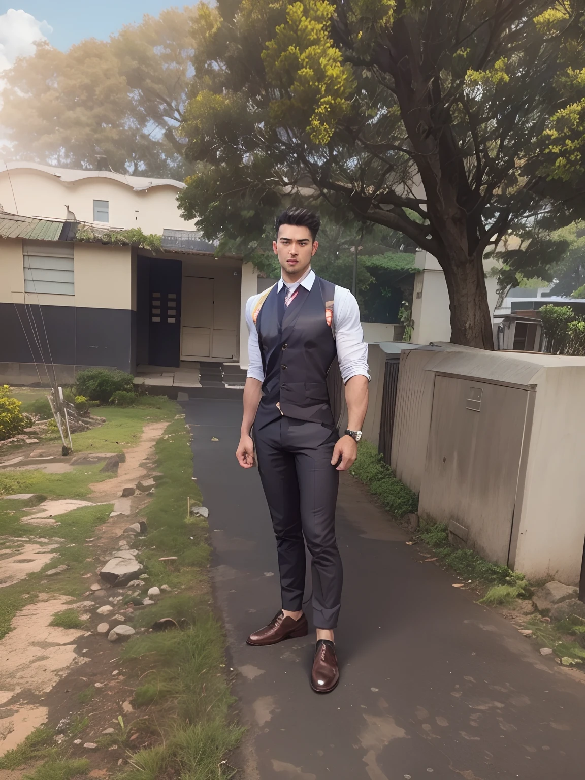 Look handsome with real face.standing on centre on road, no changes in clothing , show as muscle man