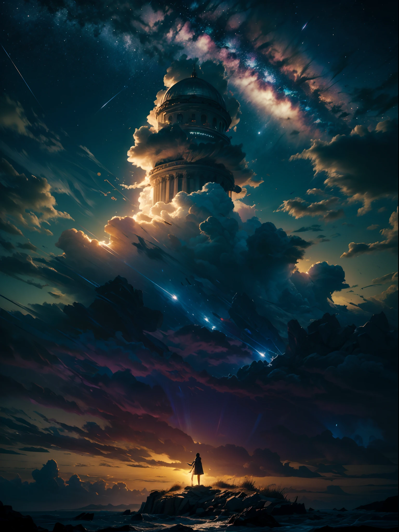 Uma menina olhando para a noite estrelada, Estrelas, Cloud, estrelas cadentes, lua cheia, Olhando para o Viewer, (Menina Foco:0.6)quebrar,circunstanciado,Realistic,Arte digital altamente detalhada em 4k,octan render, bioluminescente, break 8K resolution concept art, realismo,by Mappa Studios,master part,best quality,Arte Oficial,illustration,Linha clara,(Fresco_Cor),perfect composition,absurdos, fantasia,concentrado,regra de terceiro
